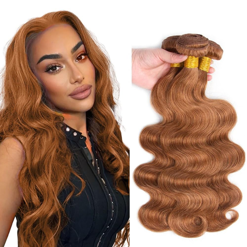 Shoaiye Body Wave Bundle Human Hair #30 Light Brown Weave 3 Bundles Total 300g Unprocessed Remy Virgin Double Weft Glueless Human Hair Extension 24 26 28 Inch