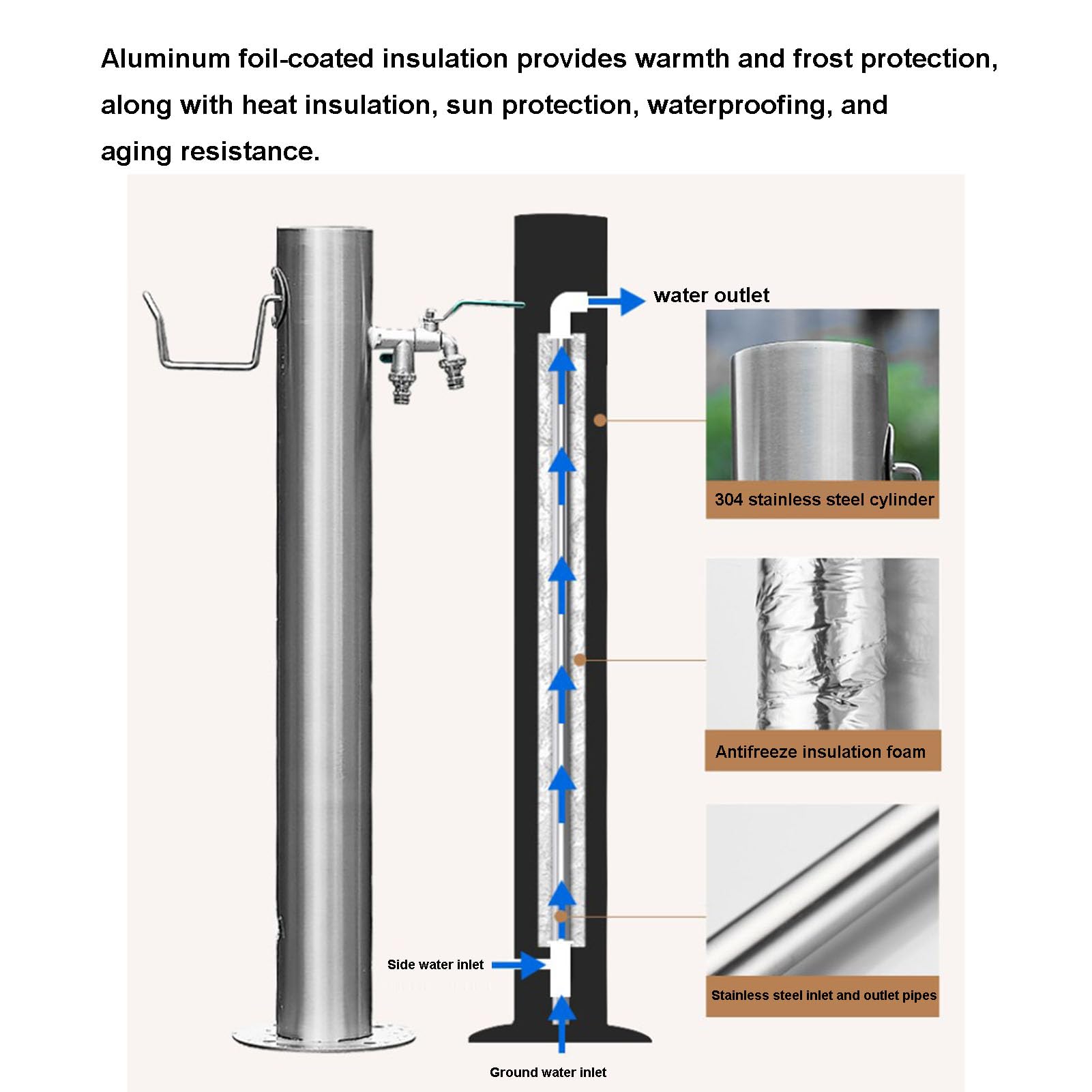 Genérico Columna de Agua Vertical de Acero Inoxidable para jardín, Soporte para Manguera de Exterior con Grifo, estaca de extensión de tubería de Agua de Metal, Fuente Decorativa, dispensad