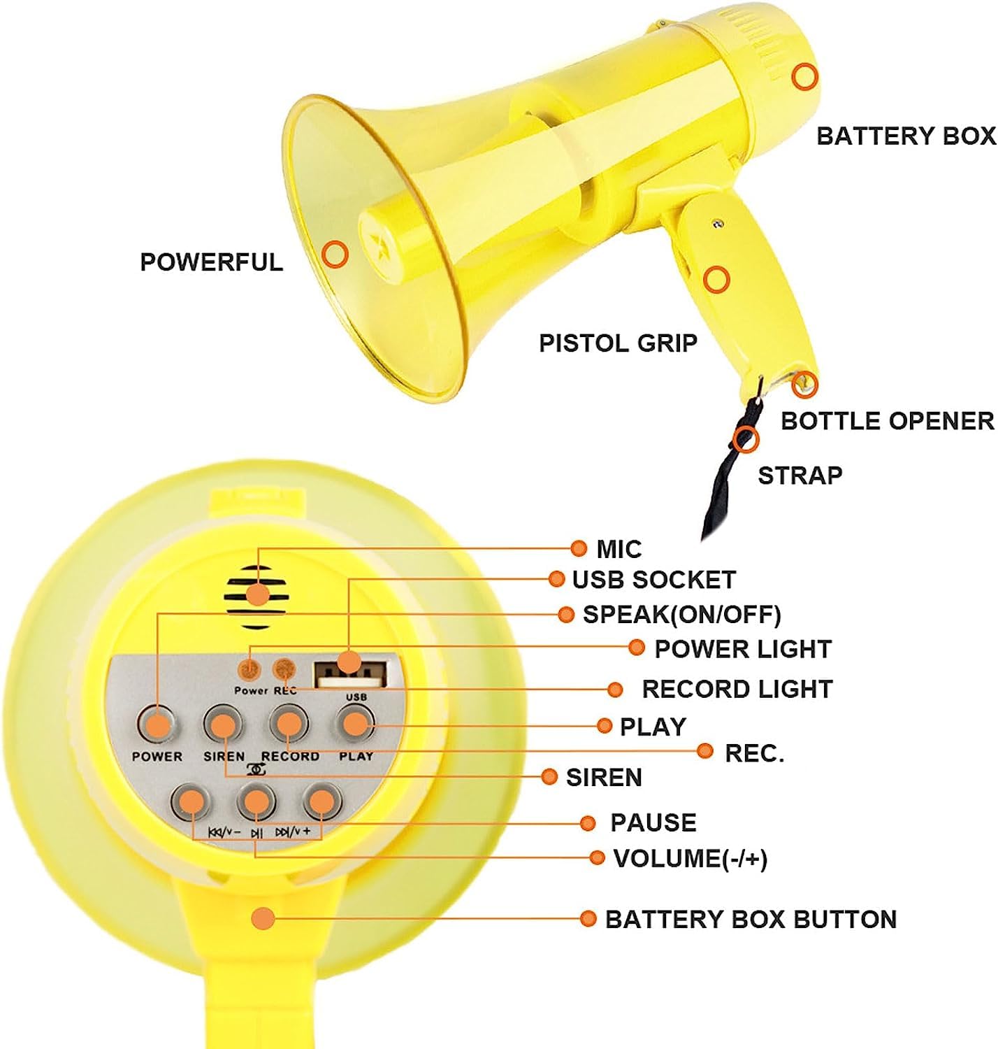 POCHY Moda Megáfono Megáfonos Altavoz de megáfono para Exteriores de 20 vatios de Potencia Alarma y grabación de 240 s con Control de Volumen y Altavoz de megáfono con Correa Bonito