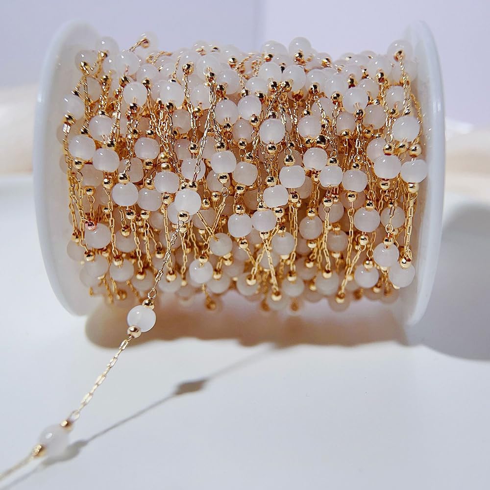 ZIYTEX 5 Meter Opal Stone Bead Copper Chains Stone Copper Beaded KC Gold Color Necklace Chain Bracelet Supplies for DIY Jewelry Making(Opal White)