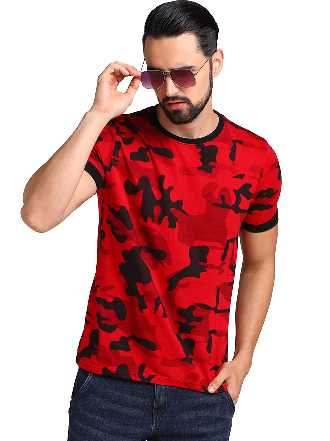 LEWELMen's Stylish Military Camouflage Half Sleeve T-Shirt (Red, Black)