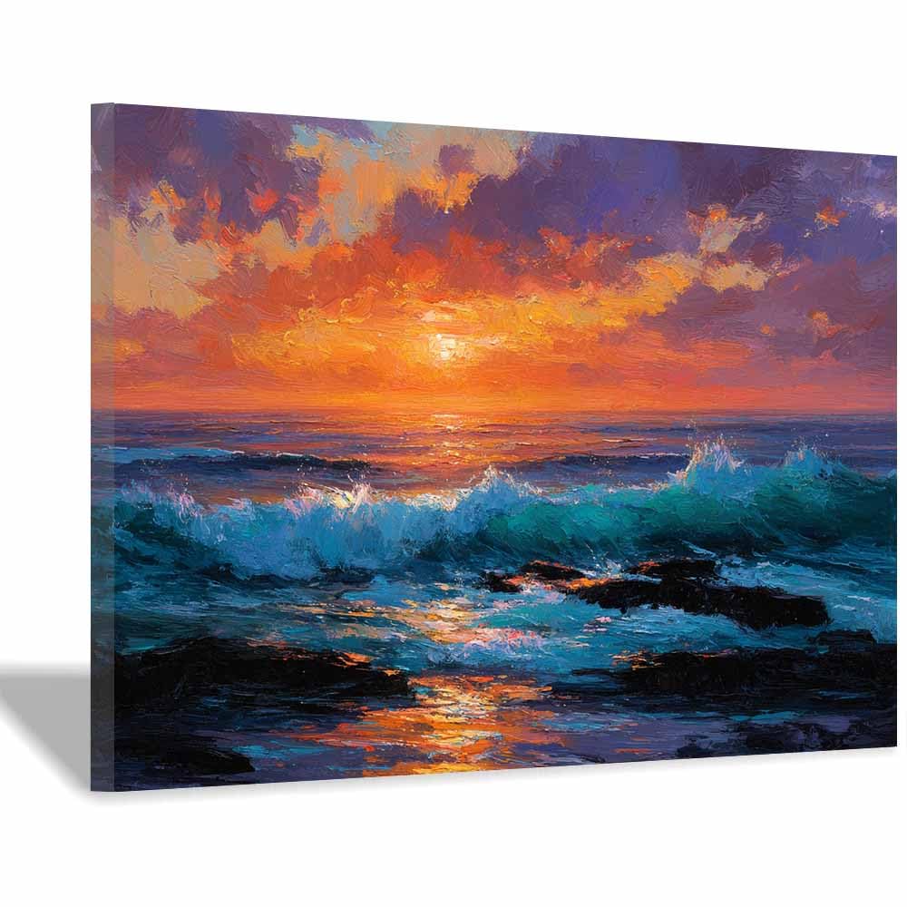 HOQIU Natural scenery wall art Ocean Sunset Waves decorative painting, wall art, for Living Room Bathroom Bedroom Kitchen Decoration.(Multicolor)-20x30cm Framed