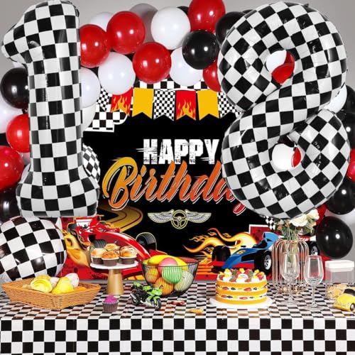 Image of TONIFUL 40 Inch Large Checkered Number 8 Balloon 8th Birthday Decorations