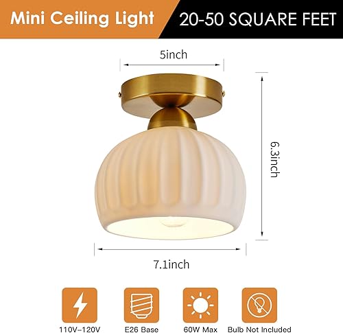 Miniatura 2 de Lámpara de techo semiempotrada de cerámica vintage, paquete de 2, lámparas de pasillo doradas, luces de techo de globo blanco, lámpara de araña