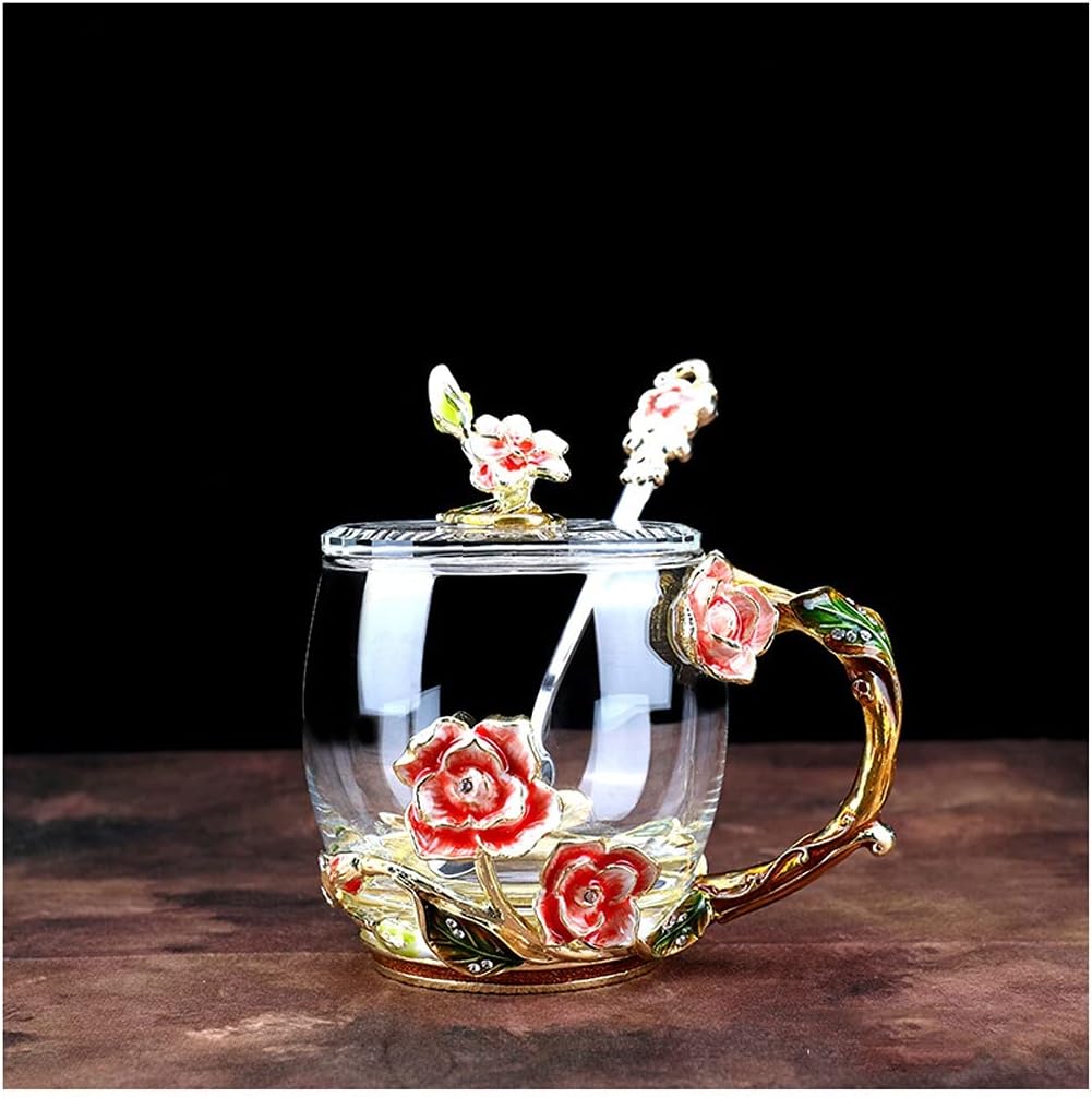 Drinking Cup Creative Enamel Color Cup Kettle Set Home Glass Coffee Cup Teenage Heart Cup with Cover Flower Tea Cup(Blue) (Blue)