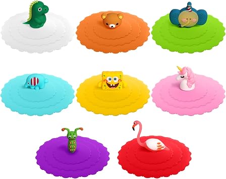 OSDUE 8 Pcs Cartoon Silicone Glass Cup Cover, Reusable Anti-dust Cup Covers, Food-grade Silicone Drink Glass Cup Lids, Kawaii Creative Round Mug Cover for Coffee, Mug, Anti-dust, Suction Seal