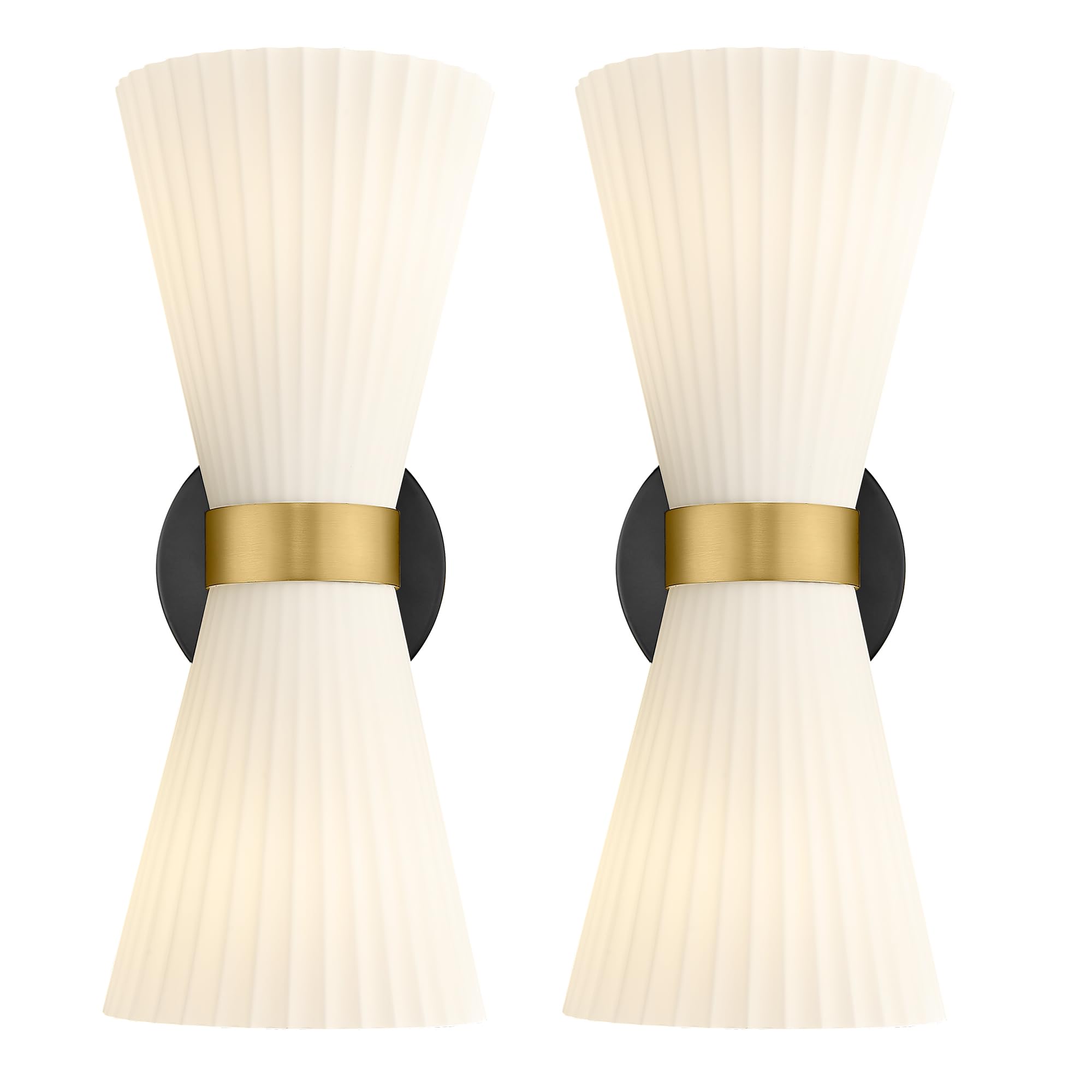 Photo 1 of Wall Sconces Set of Two, HWH 14.3 Inch Black and Gold Bathroom Sconces with Frosted Milk White Striped Glass, Up Down Modern Wall Light fixtures for Living Room Bedroom, 5HZG97B-2W-2PK BK+BG