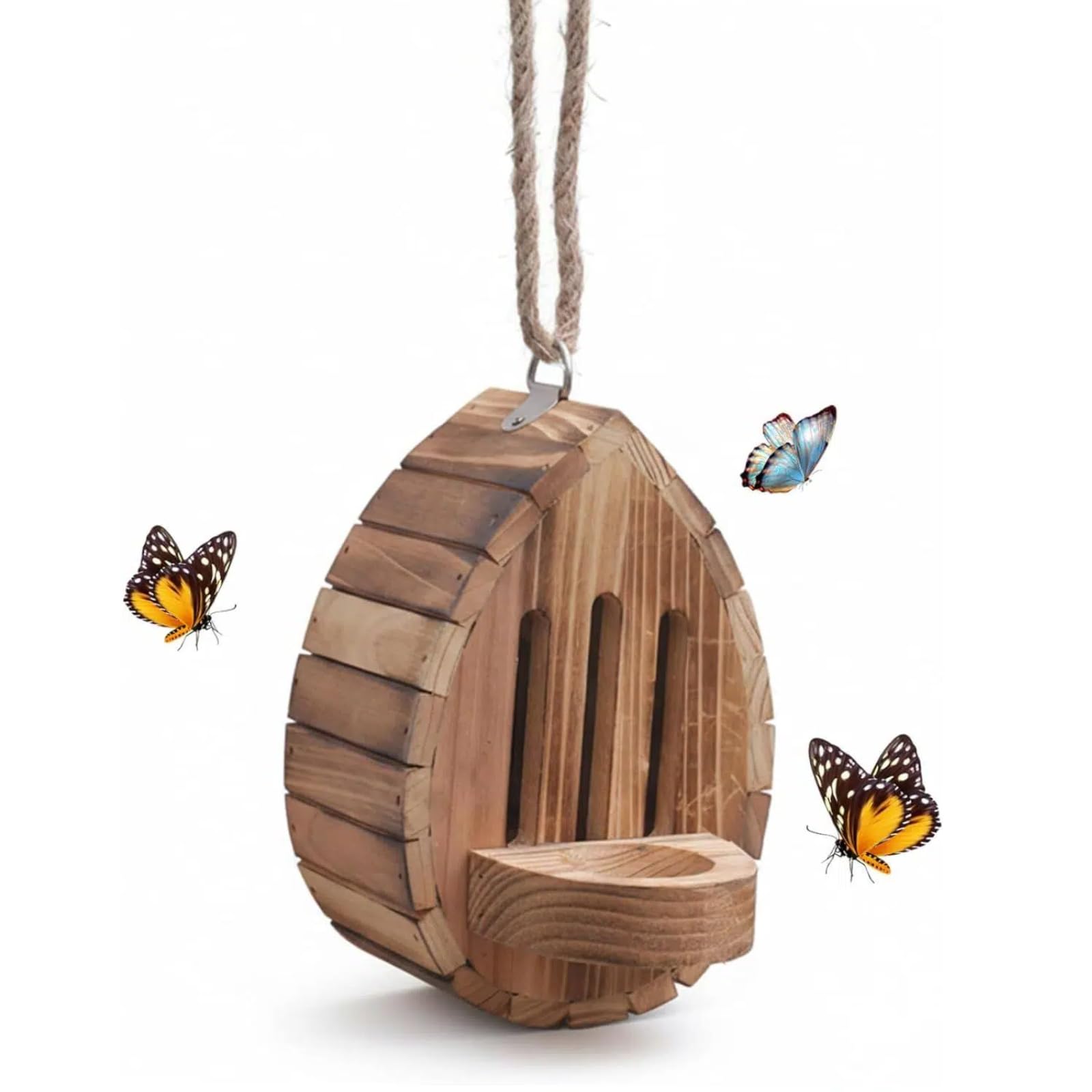 Butterfly House for Outside,Teardrop Shaped Wooden Butterfly Habitat,Wooden Butterfly Feeding Station with Hanging Rope for Garden Yard Decor