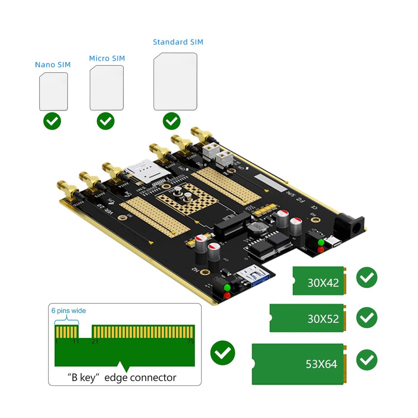 4G/5G-Modul auf USB 3.0-Adapter, NGFF M.2 auf USB 3.0-Dongle mit Dual-SIM-Kartensteckplatz, Dual-Lüfter, High-Gain-Antenne, Hilfsstromversorgung, Unterstützt 3042/3052 M.2 Key