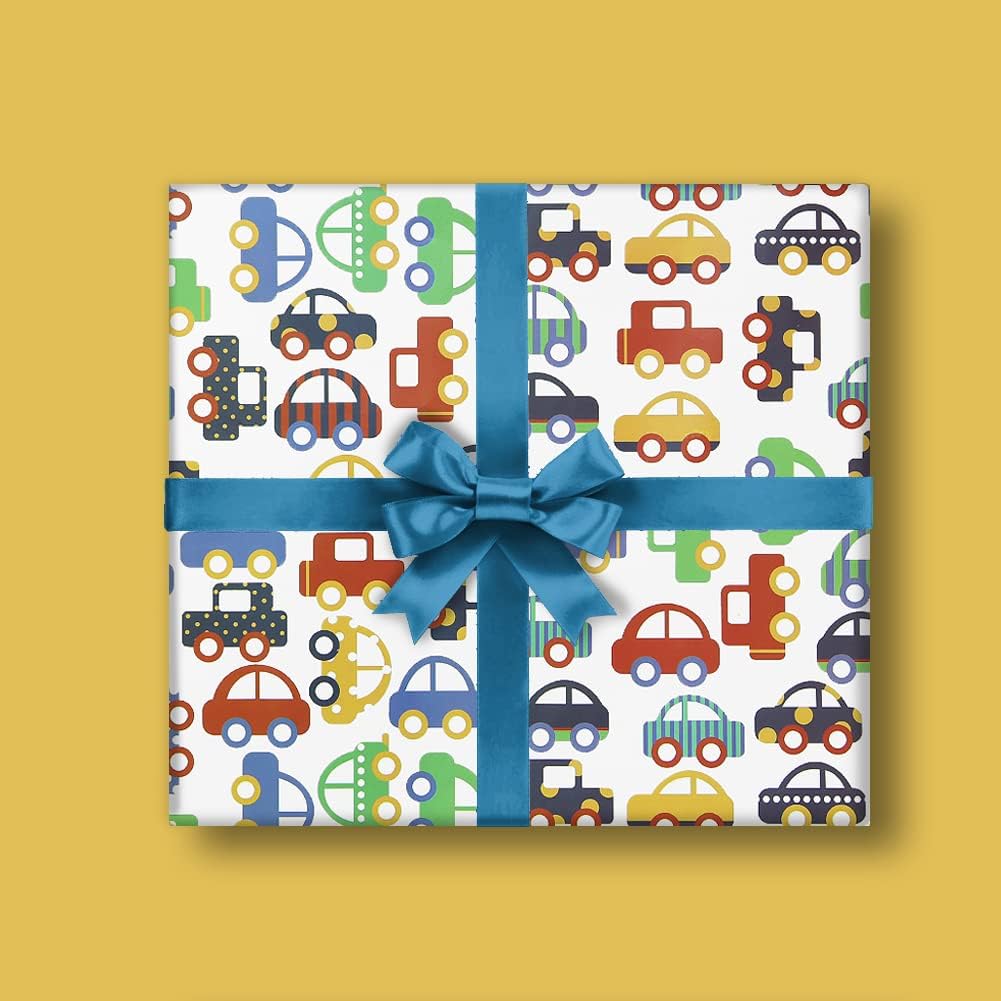 Cartoon Mini Sports Car Automobile Transport Wrapping Paper for Kids Boys Men, Novelty Vehicle Gift Wrap For Baby Shower Car Theme Kids Party Birthday Holiday Christmas and any occasion Event image 4