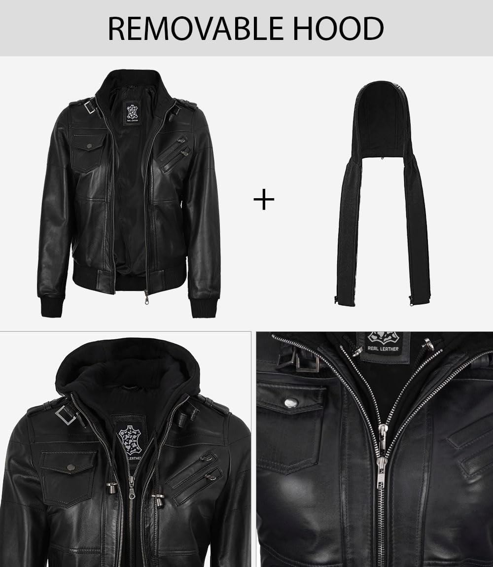 fjackets Blouson bomber en cuir pour femme - Veste en cuir d'agneau véritable pour femme avec capuche amovible - Veste à capuche pour femme