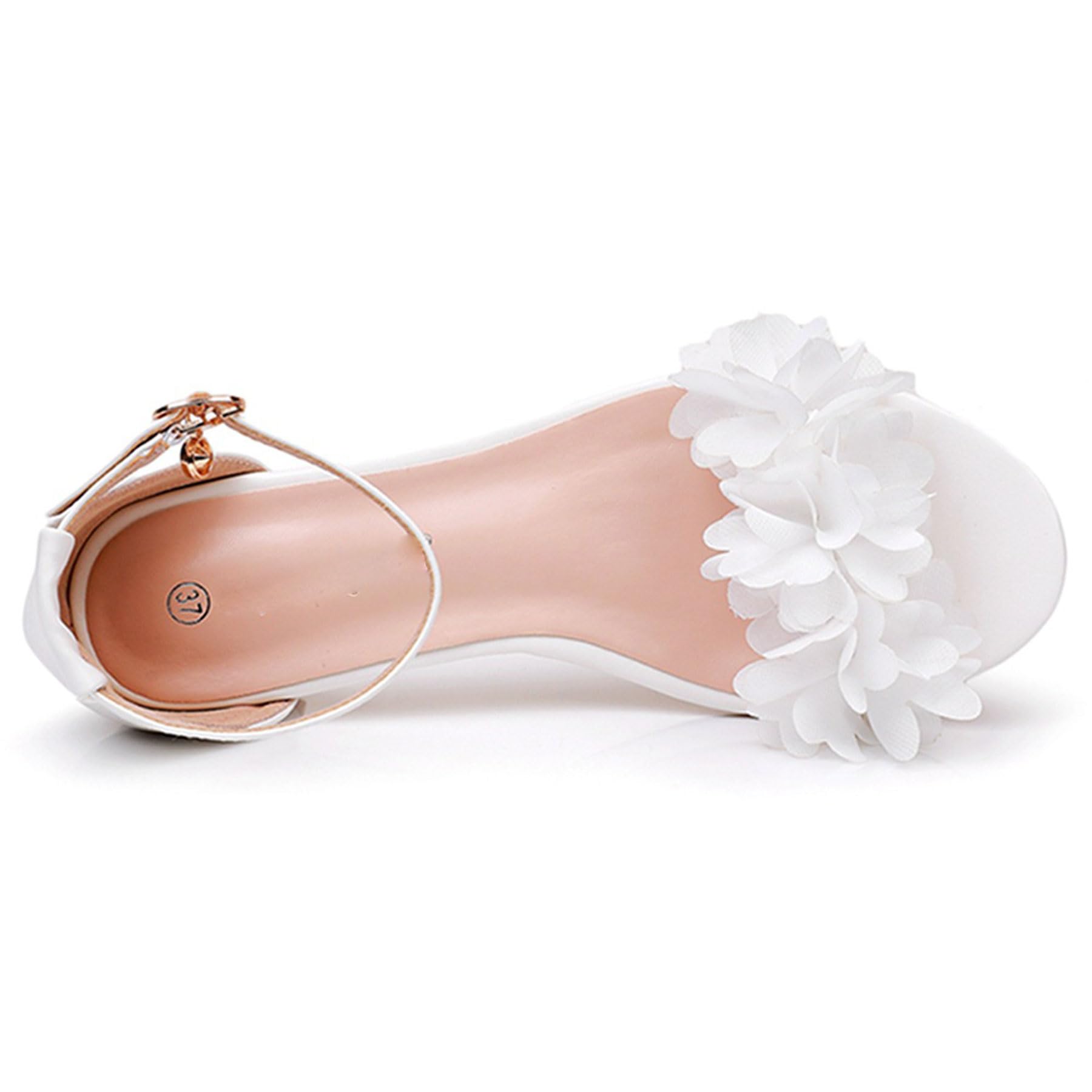 Zenithia Sandali da donna con punta aperta e tacco medio basso e largo,eleganti fiori con cinturino alla caviglia e tacco grosso per matrimoni,feste,bianco