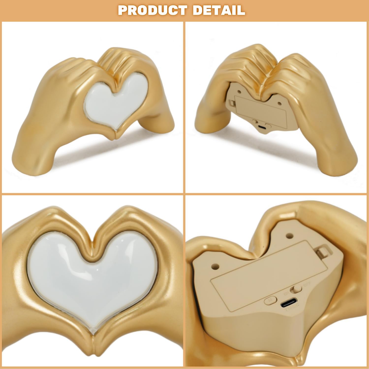 Heart Hands Sculpture Lamp, Love Heart Statue USB&Battery Powered Night Light, 7 Light Colors Desk Lamp, Gold Decoration for Home, Living Room, Bedroom, Shelf, Table, Christmas Birthday Gift