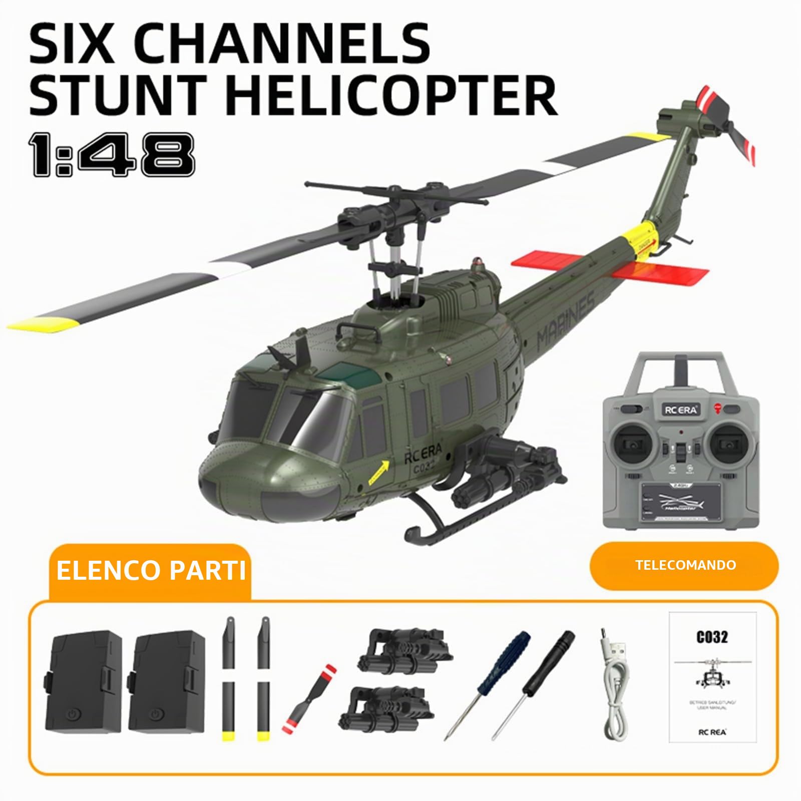 C032 Elicottero RC per Adulti, UH-1 Huey 6CH Militare Scala Elicottero RC acrobatico senza alettoni con Volare a testa in giù 3D Rotolamento e sistema di posizionamento intelligente(Yellow)