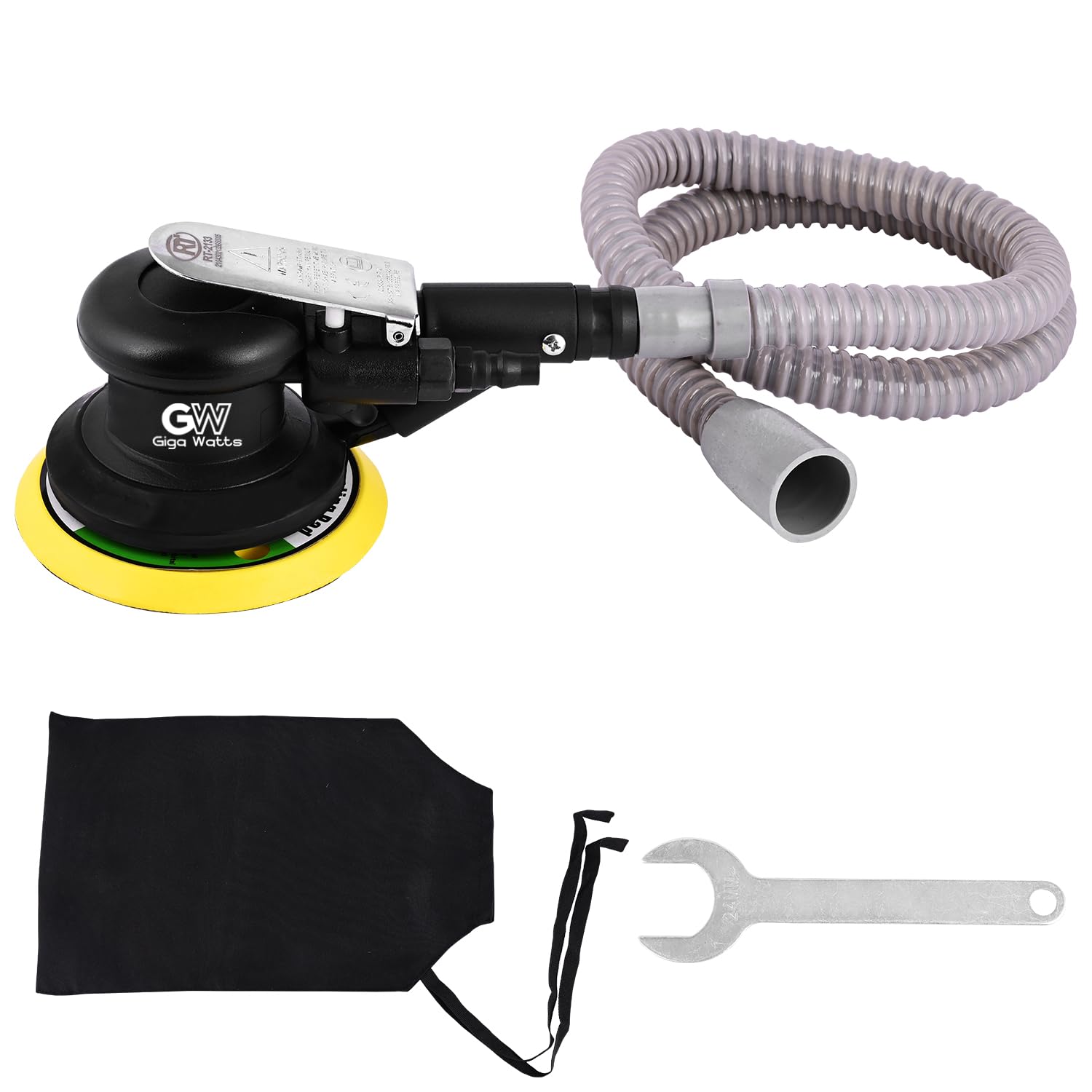 GIGAWATTS RT-2133 5” DIY Air Sander with Hose 90 PSI Dry Wall Handheld Palm Polisher 12000RPM Air Random Orbital Pneumatic Paint Polishing Machine for Sanding Finishing Walls Wood Cars