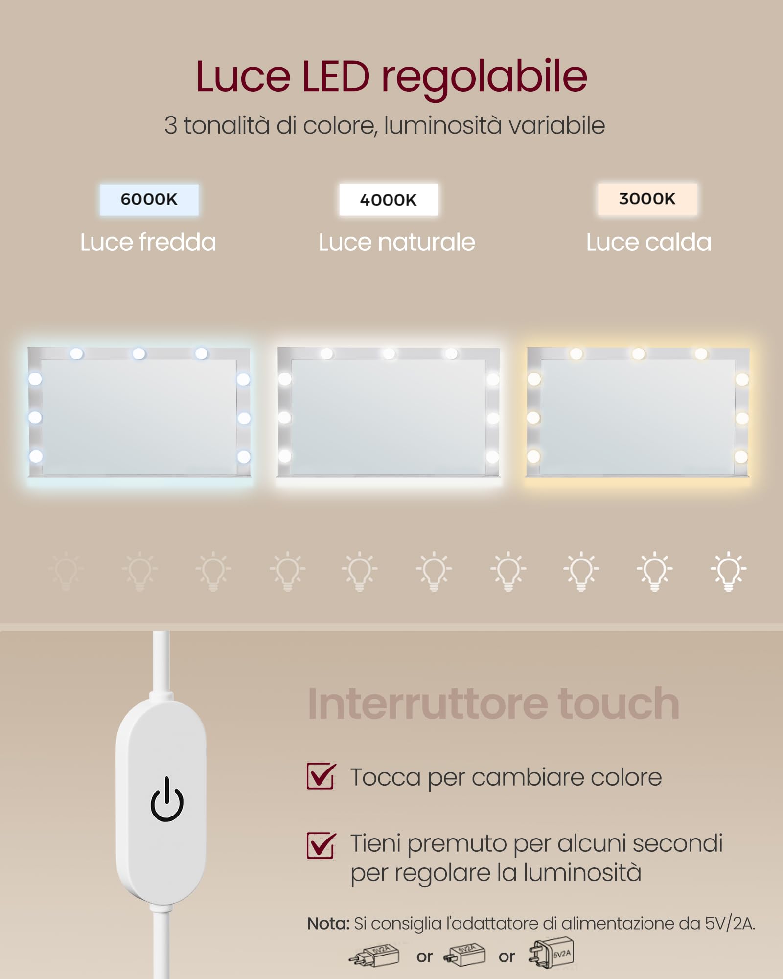 VASAGLE KAILYN Collezione - Tavolo da Trucco, Toeletta con Luce LED, Regolabile a 3 Colori, con Specchio, Tavolo Cosmetico con 2 Cassetti e 3 Scomparti Aperti, Bianco Nuvola RDT120WB01