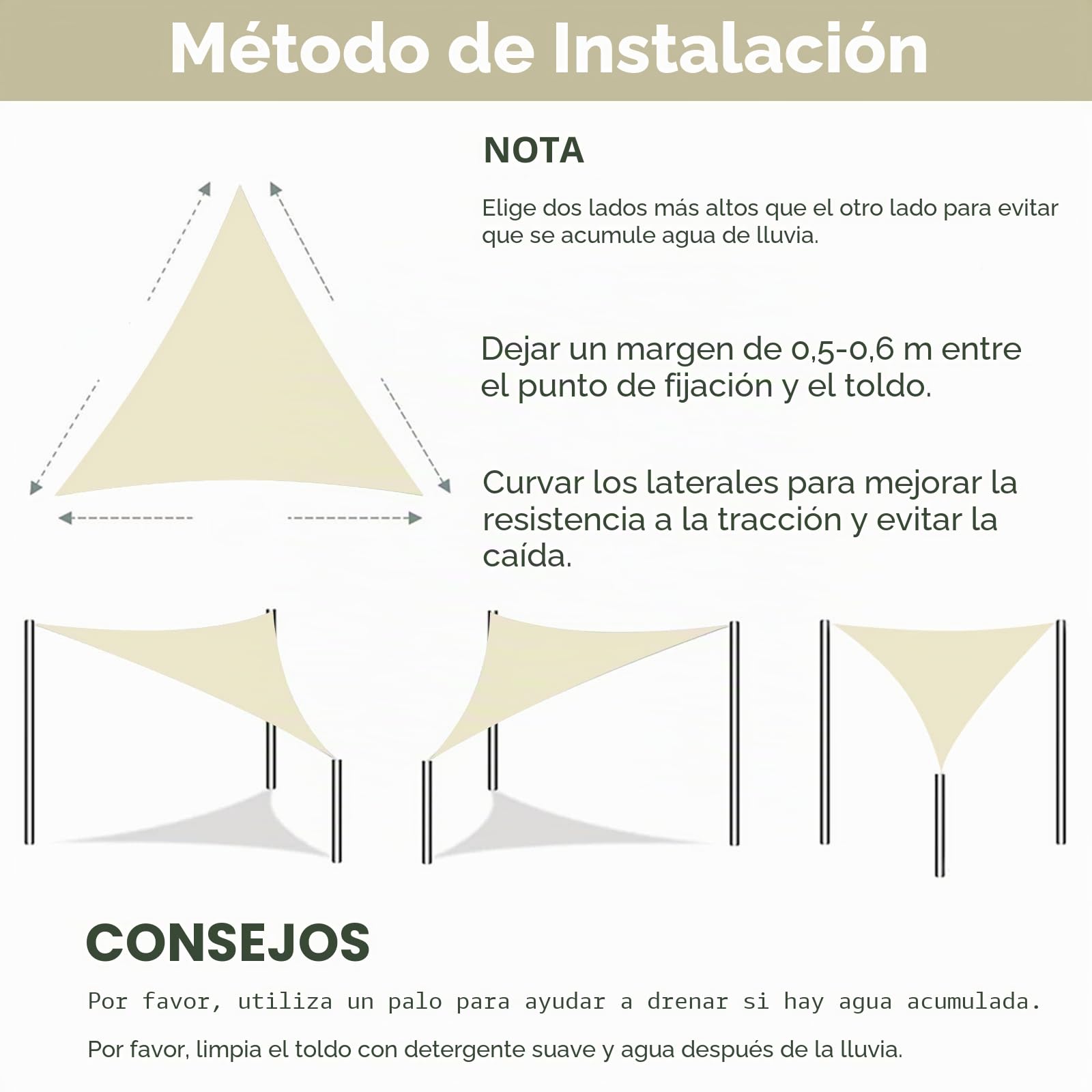 Vela de sombra triangular 3 x 3 x 3 m, cubierta impermeable y resistente a los rayos UV, vela de sombra para jardín al aire libre con cuerda, color crema
