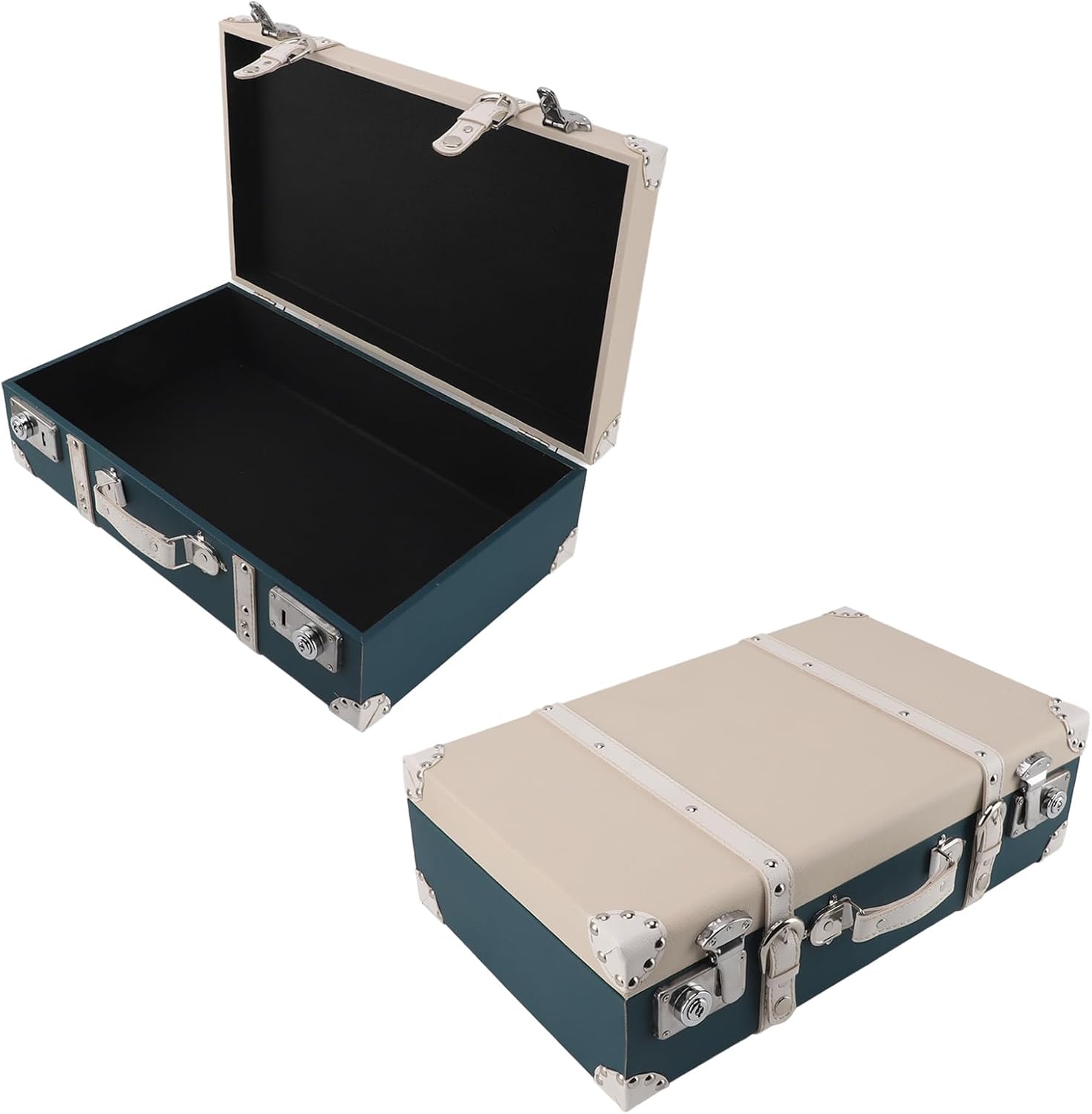 Dioche Vintage Wood Decorative Suitcases with PU Leather & Straps, European Style Small Suitcase Decorative Box for Travel, Available in Fleshcolor & Dark Green (Fleshcolor Dark Green)