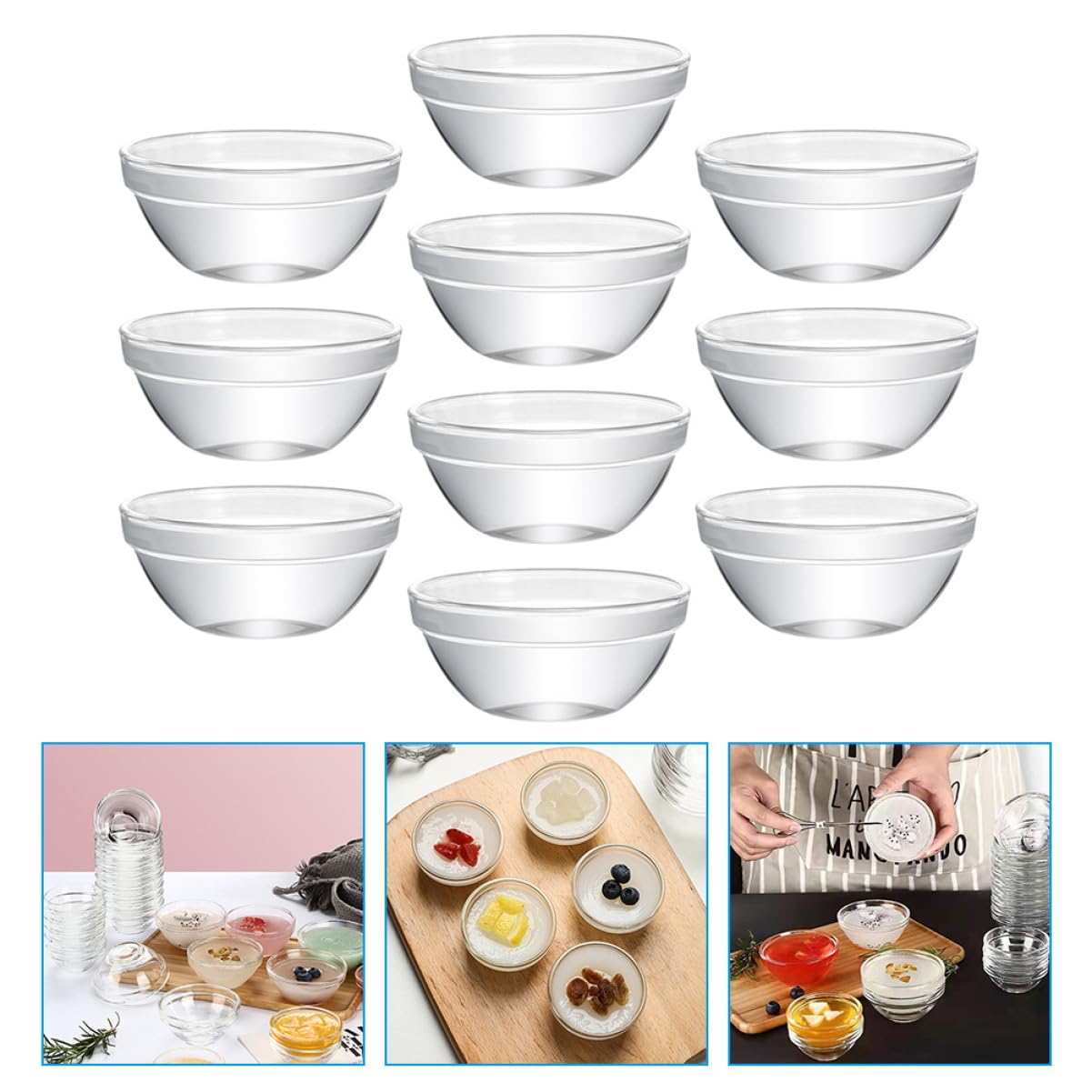 KOMBIUDA Ciotole in Vetro Trasparente Sicure per Lavastoviglige Set 10 Pezzi Pratiche e Resistenti per Dessert e Alimenti, Sicure per Lavastoviglie, per Casa e Ristorante