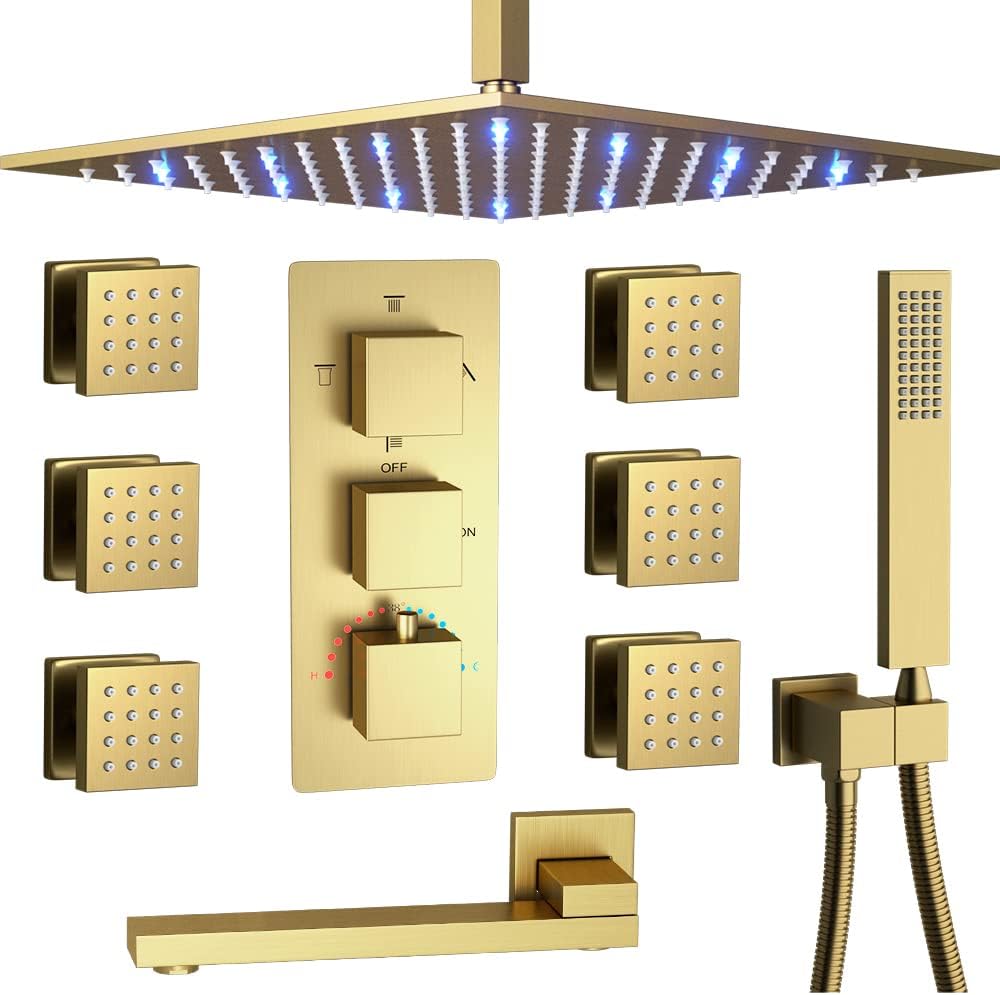 Shower System Brushed Gold Thermostatic Shower System with Tub Spout, Rain Full Body 12 Inch Ceiling LED Shower Head Set with Handheld Shower and 6 PCS Body Jets, Tub Shower Faucet Set