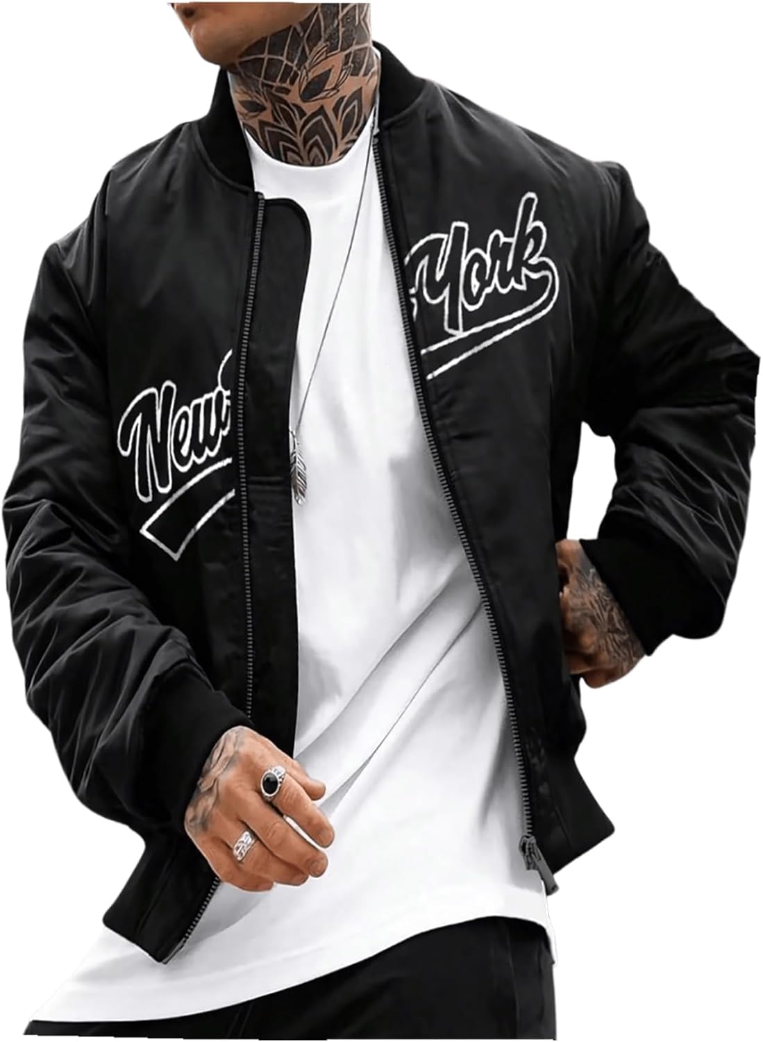 BEAUDRM Men's Letter Graphic Varsity Jacket Letterman Long Sleeve Bomber Zip Up Baseball Jackets Coats Streetwear