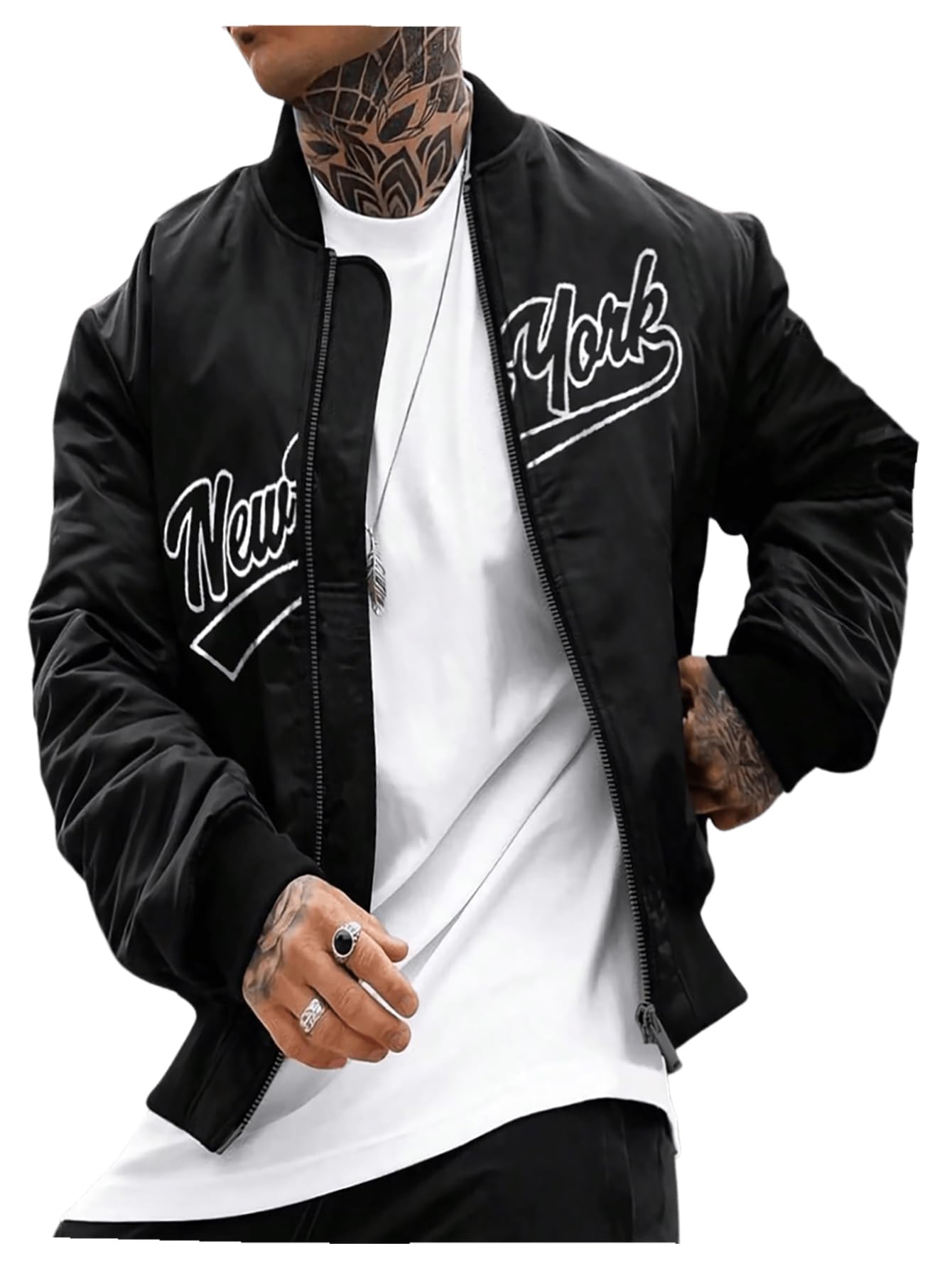 BEAUDRM Men's Letter Graphic Varsity Jacket Letterman Long Sleeve Bomber Zip Up Baseball Jackets Coats Streetwear