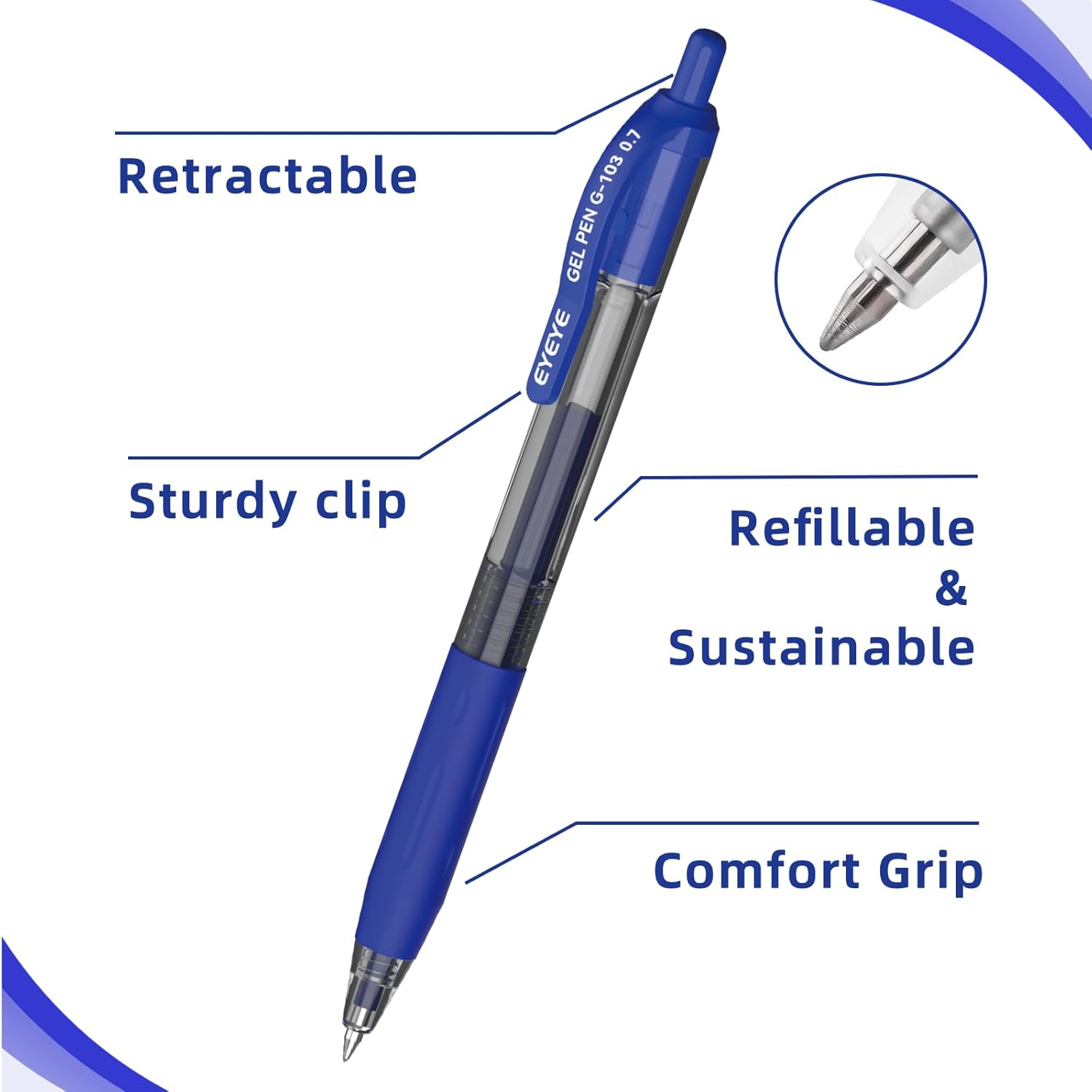 EYEYE G-103 Retractable Gel Blue Pens 0.7mm, 10 Pack Medium Point Ballpoint Pen Quick Drying, Pen Fine Point Smooth Writing Pens for Office School Supplies - Image 3