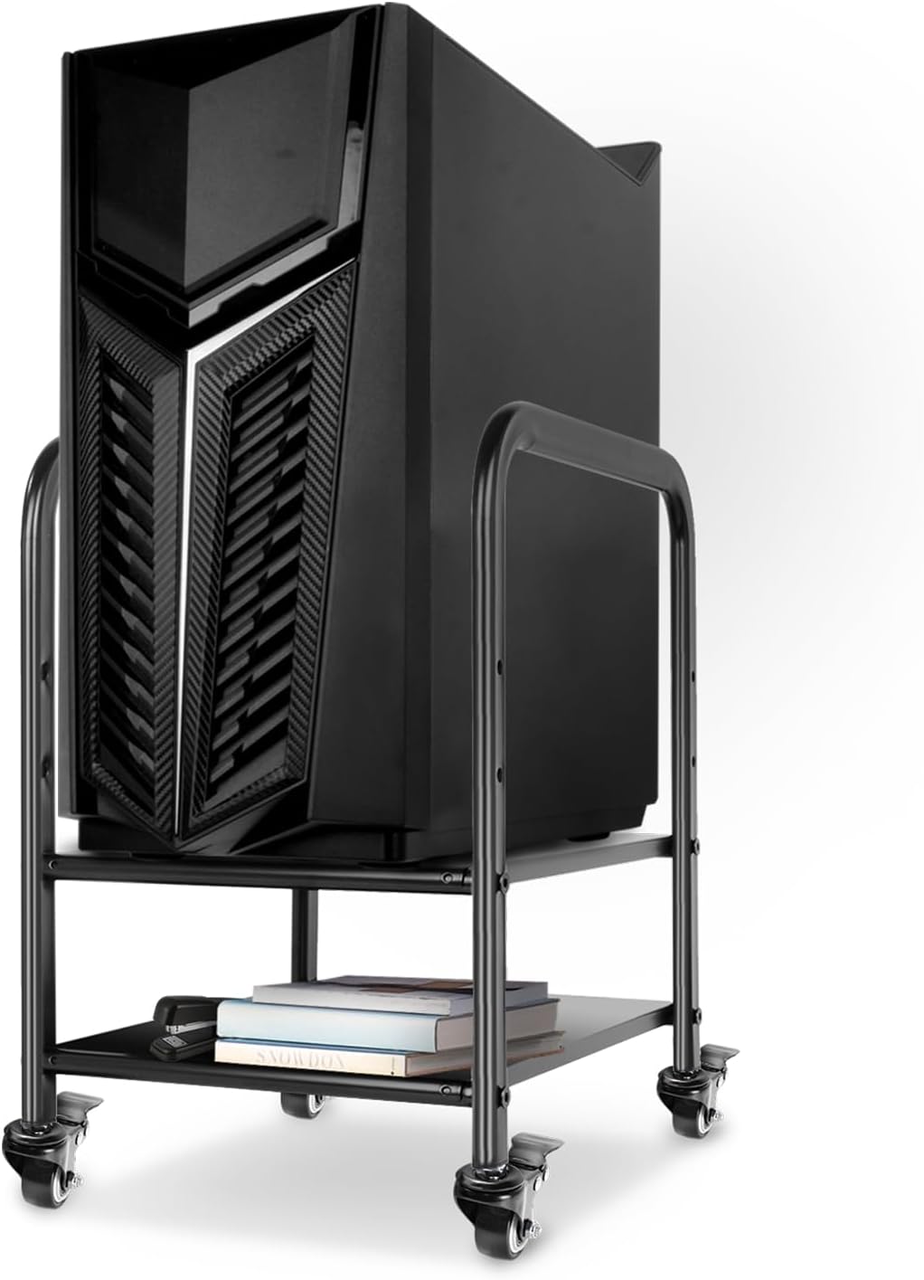 Computer Tower Stand CPU Holder, Adjustable Desktop ATX-Case Cart 2-Tier PC Floor Stand, Mobile Rolling CPU Cart with 360Locking Caster Wheels for Office Home (Black)