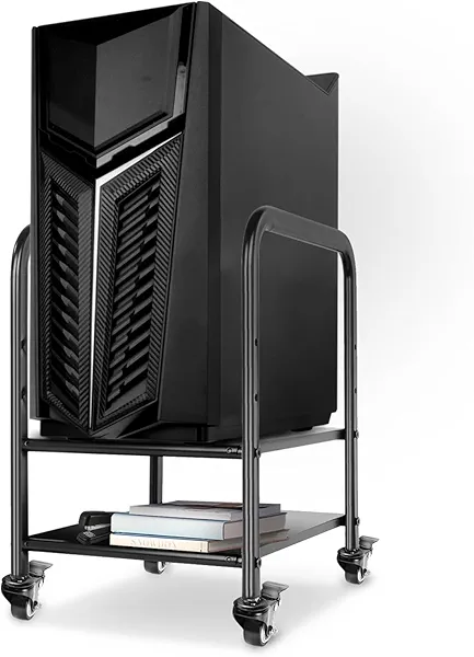 360Tonics Computer Tower Stand, Height Adjustable 2-Tier PC Floor Stand Under Desk for Mini/Mid Tower, Full Metal Rolling CPU Holder Cart with Locking Caster Wheels for Home and Office, Black