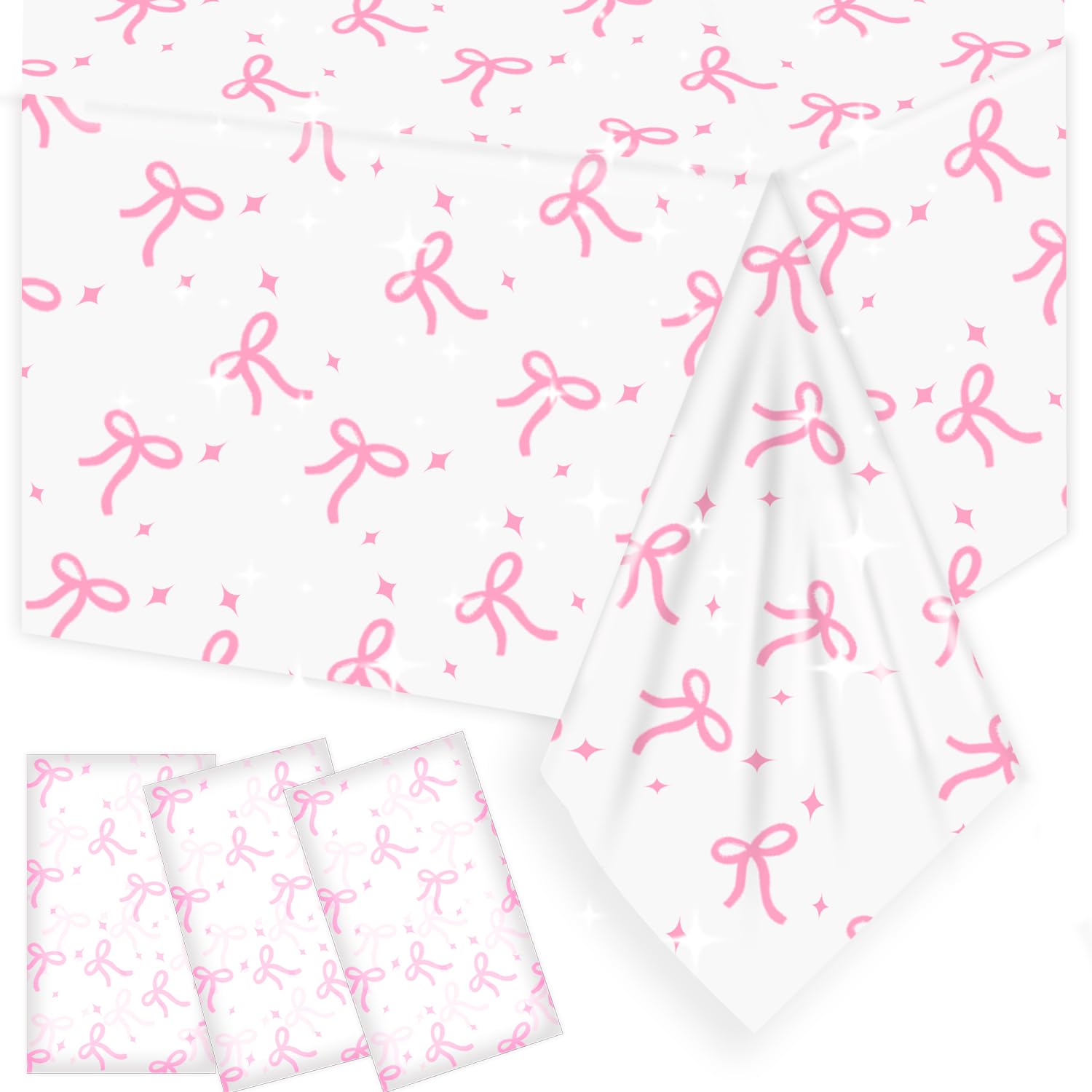 3 Pack Coquette Pink Bow Tablecloth Coquette Birthday Decorations Plastic Pink Bow Theme Party Table Cover for Girl Birthday Bachelorette Bridal