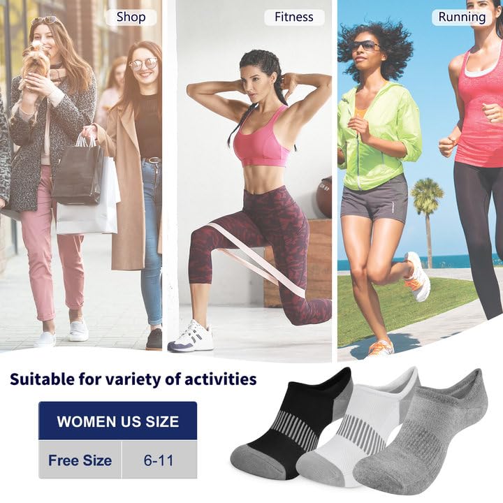 Image of No Show Socks Womens Cotton Low Cut Non Slip Ankle Socks Invisible Casual Short Socks Size 6-11(3 pairs-Black+White+Grey)