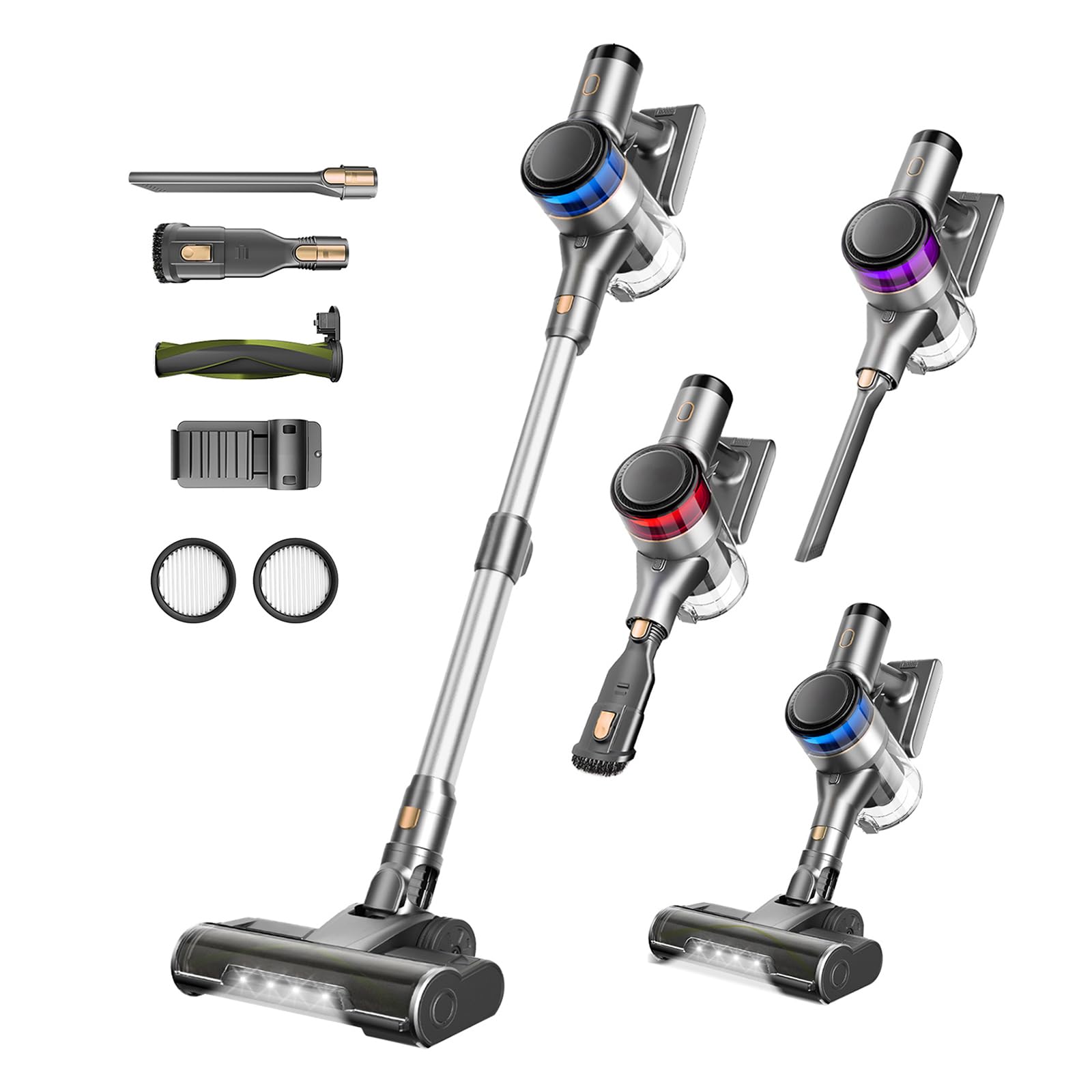 Aspiradora Sin Cable Potente 45KPa, 55 Min, Aspirador Escoba Vertical Inalámbrico con Filtro HEPA, Modo Automático, LED y Batería Extraíble, para Suelos/Alfombras/Pelo de Animales