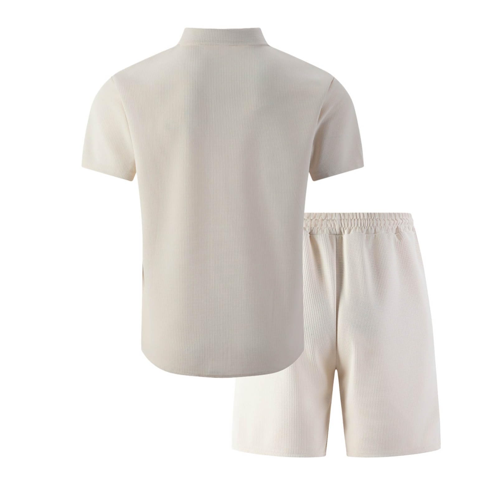 Herren 2-Teiliges Set Sommer Jogginganzug Outfit Kurzarm Hemd und Shorts | Waffeltextur, Reverskragen, durchgehende Knöpfe, Lederpatch Brusttasche, Kordelbund, atmungsaktiv, Sommer Strand Urlaub
