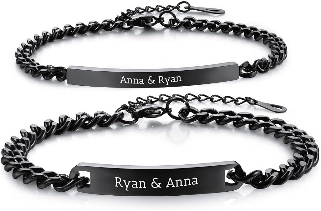 Personalized Matching Bracelet for Couple Engraved Name Date Adjustable Stainless Steel Jewelry Couples Bracelets for Him and Her Gift for Valentine's Day Anniversary