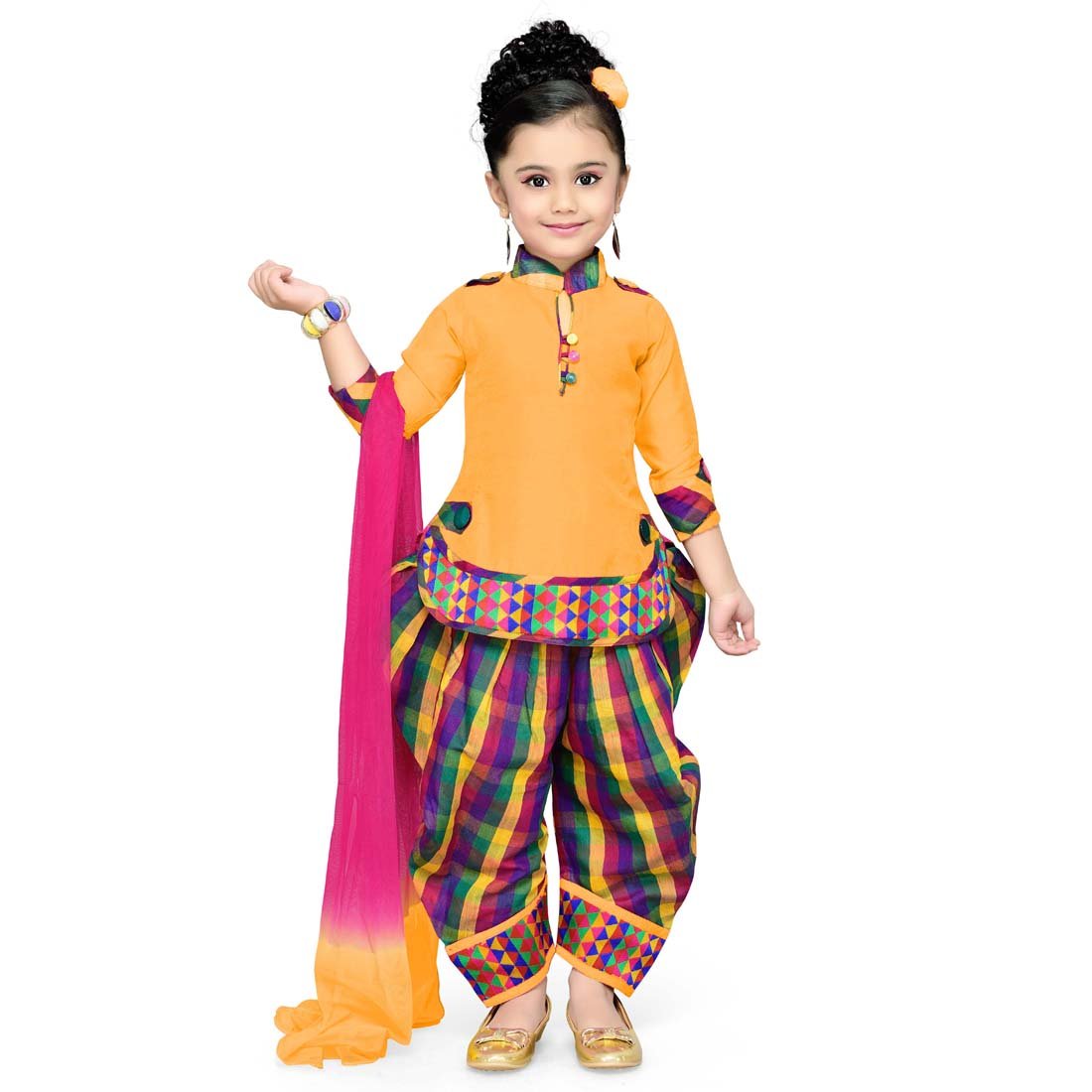 Aarika Girl's Self Design Cotton Silk Ethnic Kurti, Patiala and Dupatta Set