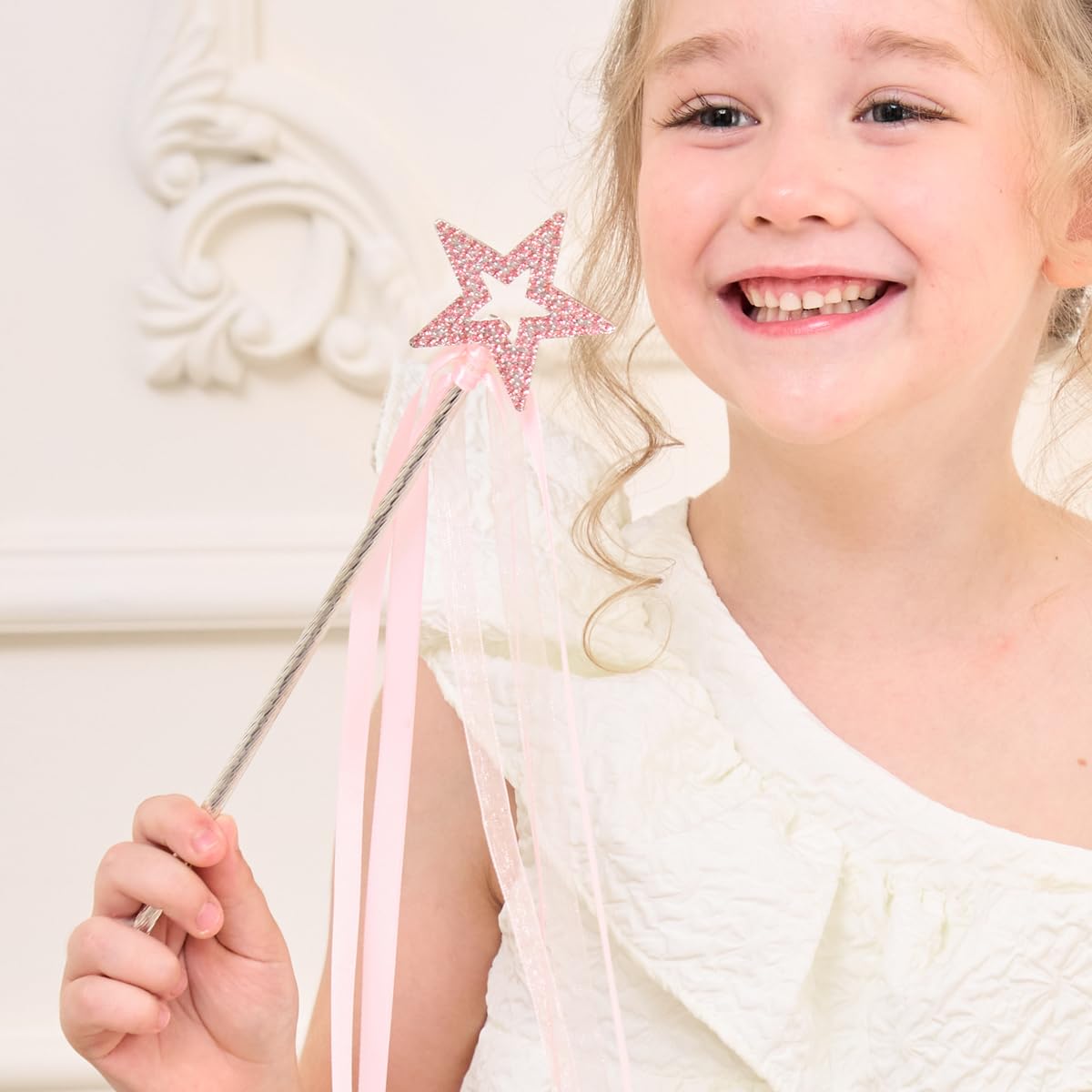 Lovelyshop Pink Crystal Metal Star Fairy Wand with Ribbon for Girls Halloween Decorations, Small - Image 2