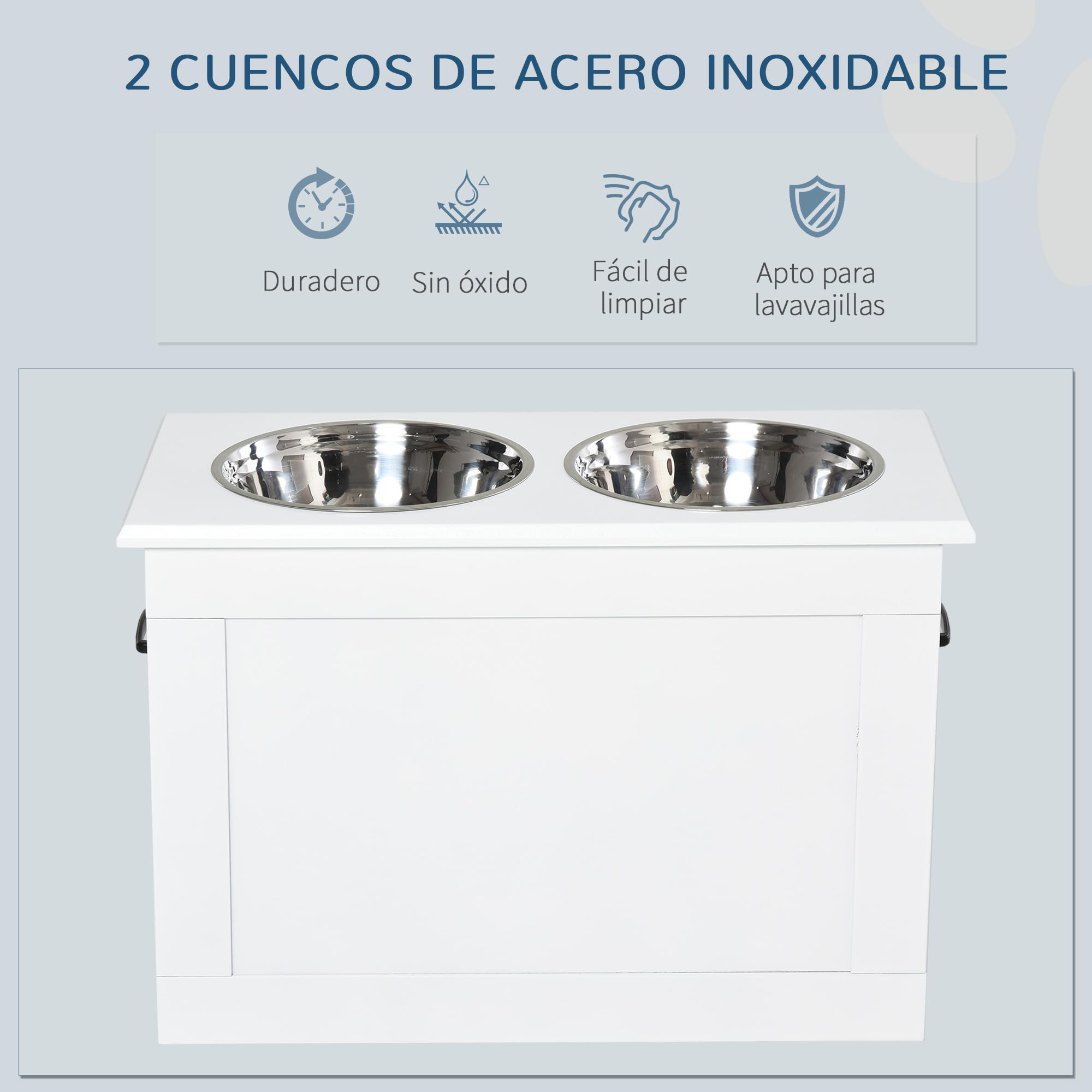 PawHut Comedero Perro Elevado con 2 Cuencos de Acero Inoxidable 2x2000 ml Comedero Elevado para Perros Grandes con Tapa Abatible y Almacenamiento Oculto Blanco