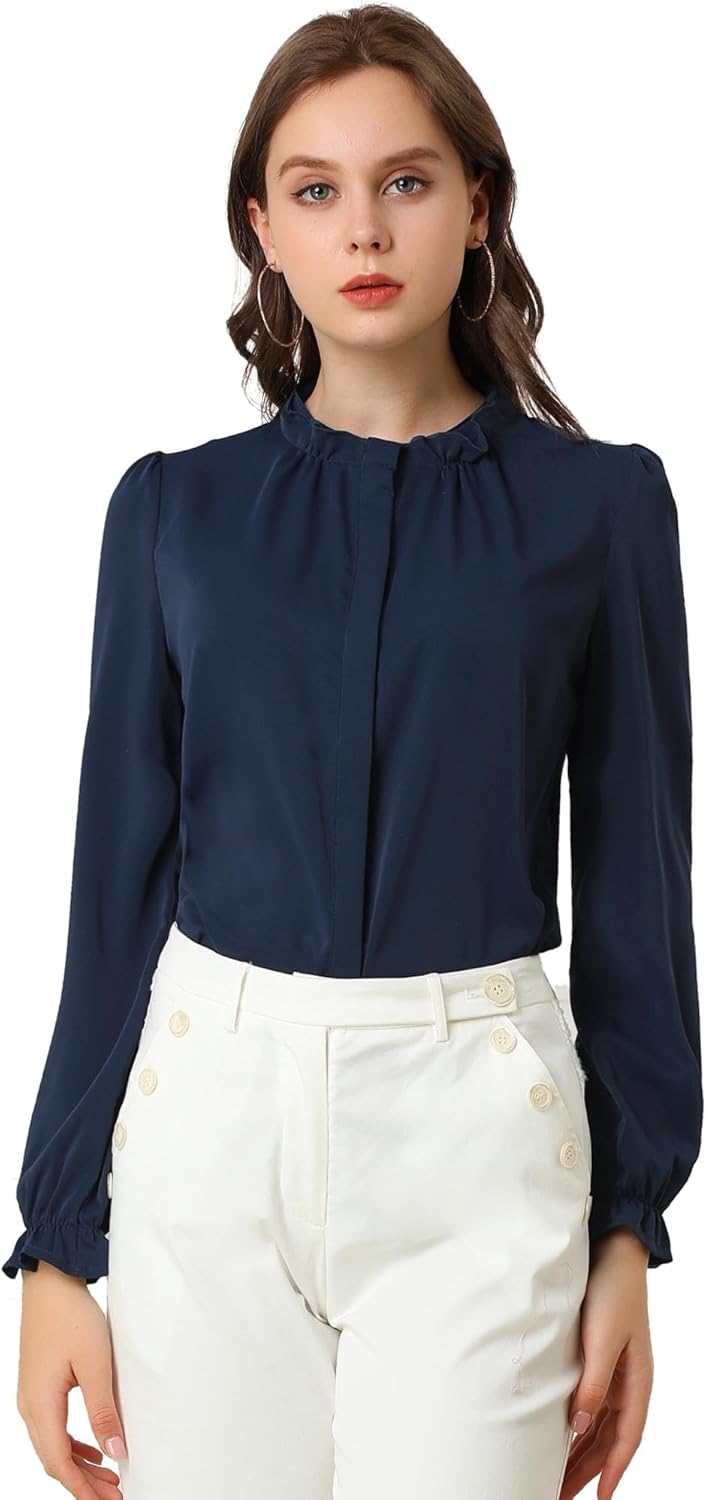 Allegra K Women's Business Casual Ruffled Collar Long Sleeve Chiffon Button Down Blouse