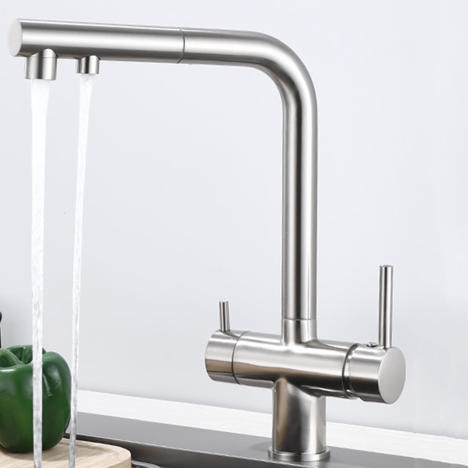 Robinet cuisine 3 voies chromé double poignée au design ergonomique