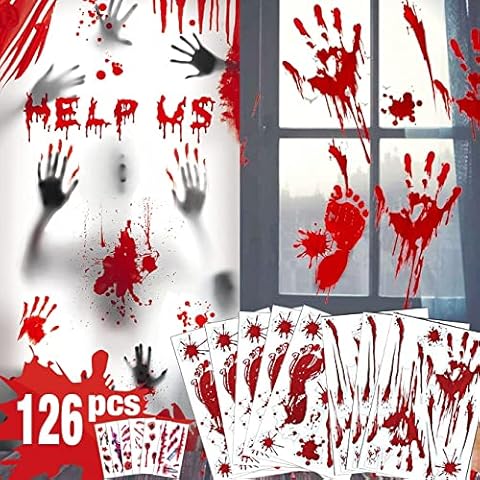 MXJFYY Halloween Stickers, 10 Sheets Halloween Themed Wall Stickers, 118Pcs Bloody Stickers with Scary Skulls, Handprints, Footprints, Realistic Blood Fingerprint, Window Clings Cover