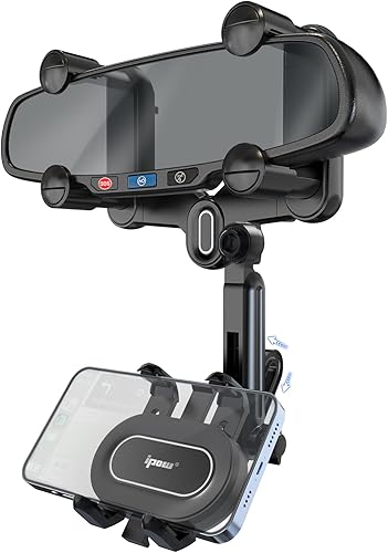 Miniatura 1 de IPOW Soporte de teléfono para espejo retrovisor grande para automóvil giratorio de 360 y retráctil, 2024 mejorado con cuatro esquinas, diseño