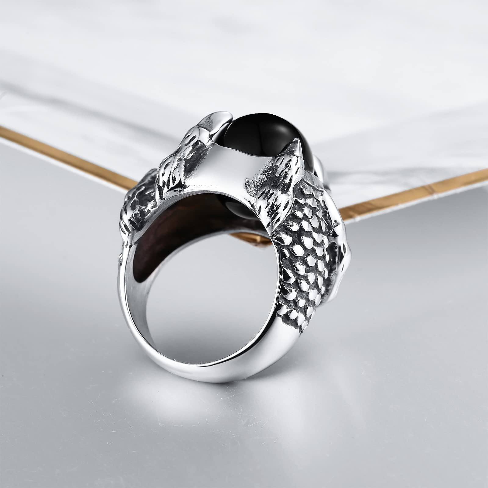 Anelli Fidanzamento Acciaio Anello Donna E Uomo Anello Punk Artiglio di Drago con Pietra Ovale Anello Acciaio Rosso/Nero Taglia 15 to 27
