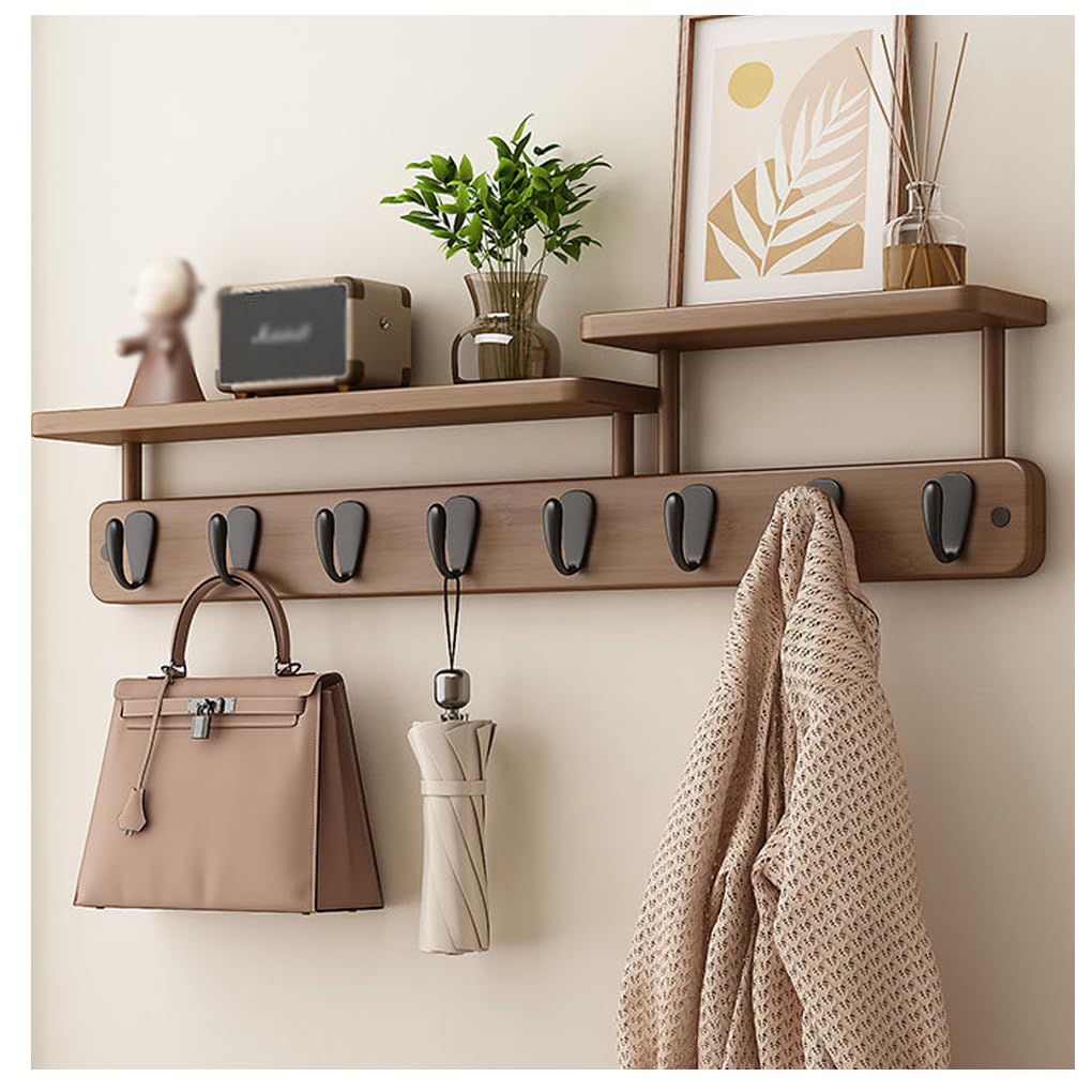 Qpkz Brown Solid Wood Coat Rack With Shelf Wall Mount, Wooden Wall Hooks Entryway Hanging Rack Coat Hooks Rail Clothes Towel Racks With Hook For Coat, Bag, Towel 8Hook
