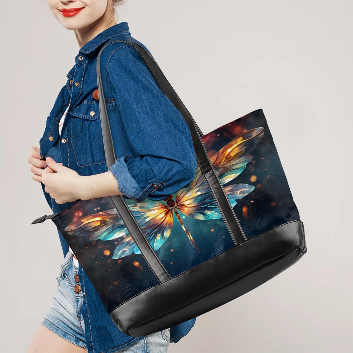 CURLYOOT Dragonfly Teal Green Laptop Tote Bag for Women Work Travel, Large Shoulder Bag Handbag Waterproof Women Business Office Bag Computer Bag Briefcase