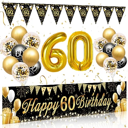 60 Geburtstag Deko Mann Frau, 60 Happy Birthday Banner Schwarz Gold, Luftballons 60 Geburtstags Girlande Wimpel, Deko 60. Geburtstags Hintergrund Ballons Schwarz Gold für 60 Geburtstag Männer Frauen