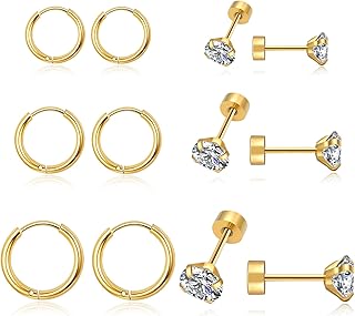 Stainless Steel Cartilage Earrings Sets for Multiple Piercing Gold Flat Back Stud Earrings for Women 14K Gold Plated Surgical Steel Huggie Hoop Earrings Tiny CZ Studs for Cartilage Helix Lobe