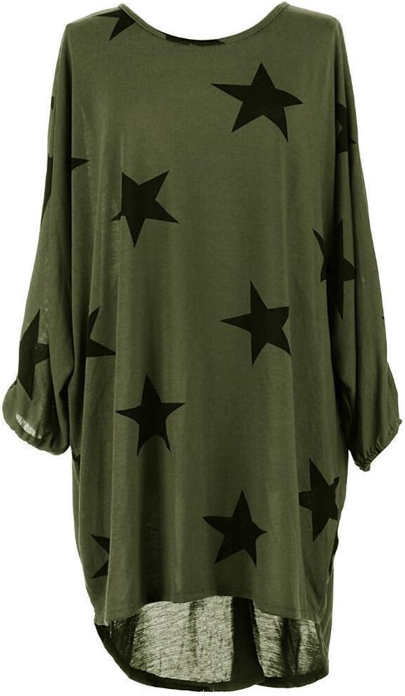 Universal Retail TradeWomen Ladies Star Printed Batwing Low Back Plain Baggy Tunic Top Dress