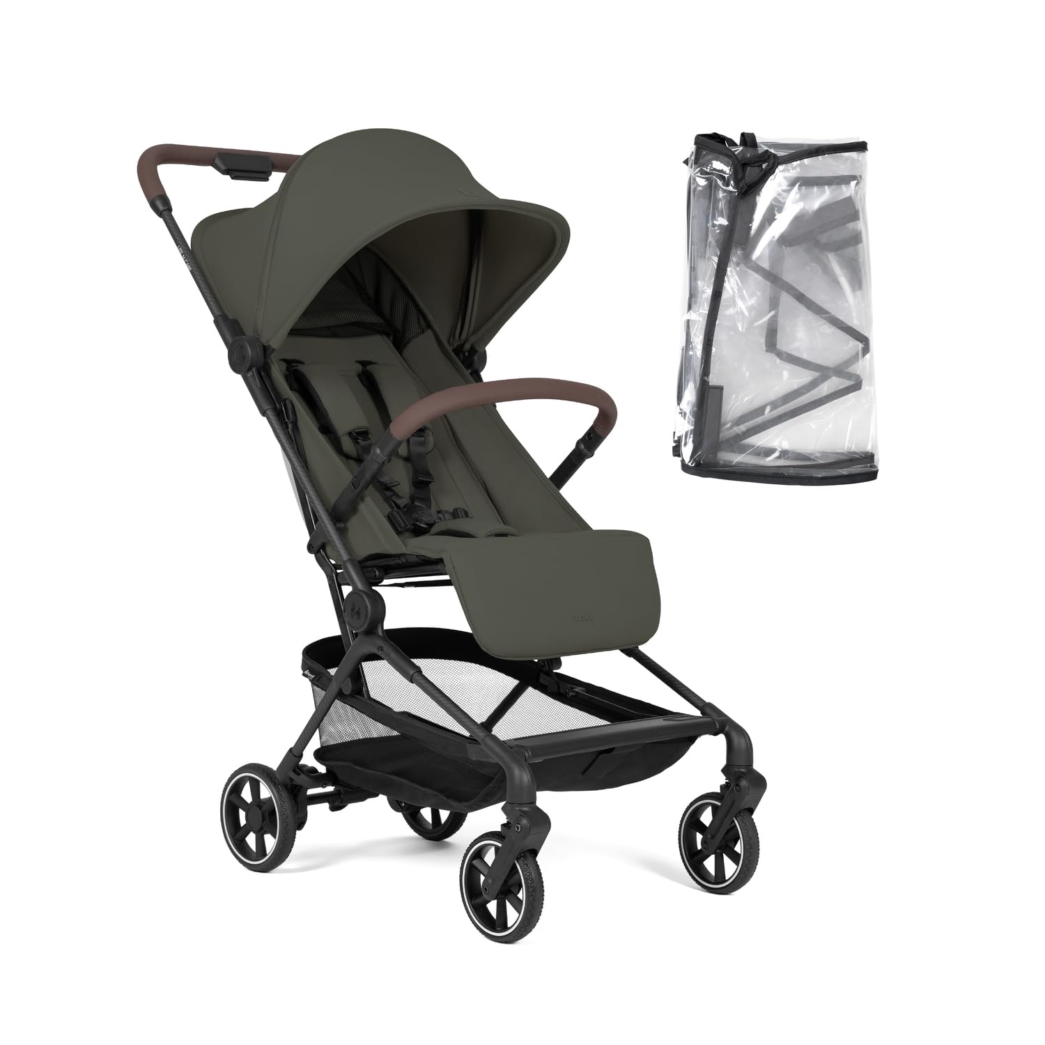 Hauck Lite N Care, Dark Olive - Cabin Approved, Ultra Light Carbon Fibre Pushchair (5.5 kg), Compact City & Travel Stroller with Carry Strap, One-Hand Fold, Fully Reclining from Birth to 22 kg