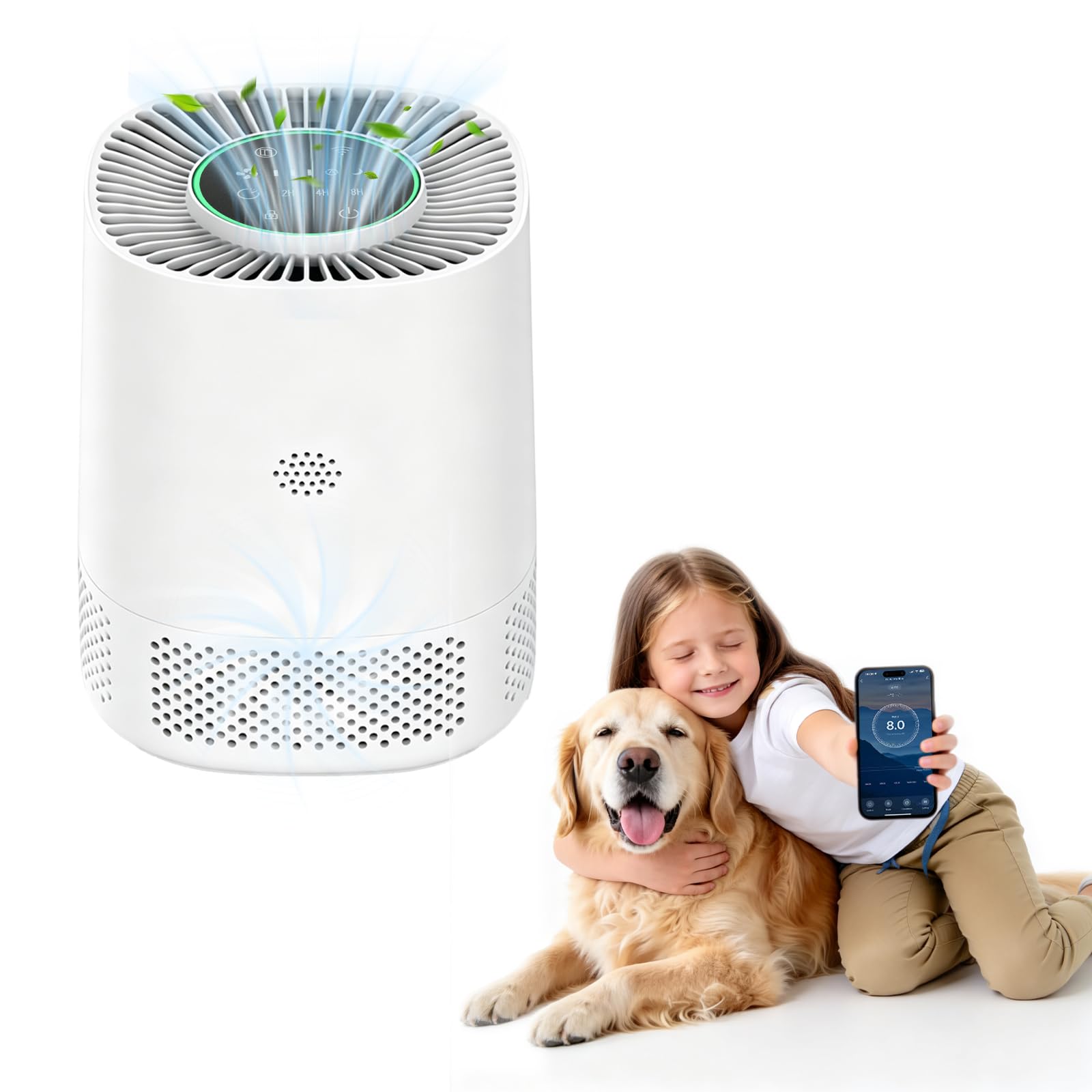 Air Purifier for Bedroom Home, H13 True HEPA Filter, 360 Air Circulation, Pet Dander Dust Smoke Odour, Quiet Sleep Mode, Wi-Fi App Control, Timer, Child Lock, Small Air Cleaner