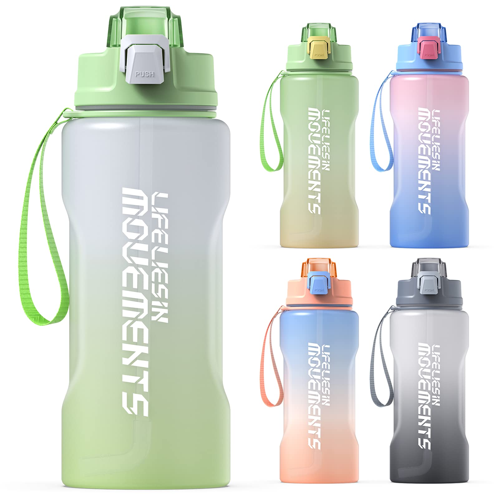 Half Gallon/64oz Water Bottle with Time Marker and Straw, Motivational Water Bottle with strip, Leakproof BPA FREE Tritan Water Jug for Gym, Outdoor, Fitness (Gray/Green Gradient)